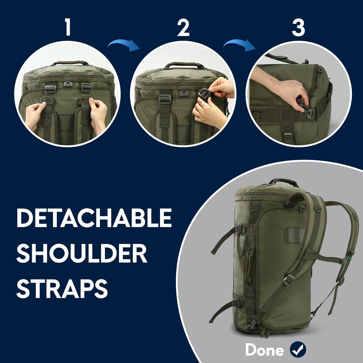 45L Gym Duffle Backpack Bag Convertible Travel Duffle with Shoes Compartment for Men Women with Straps, Water-resistant, Army Green