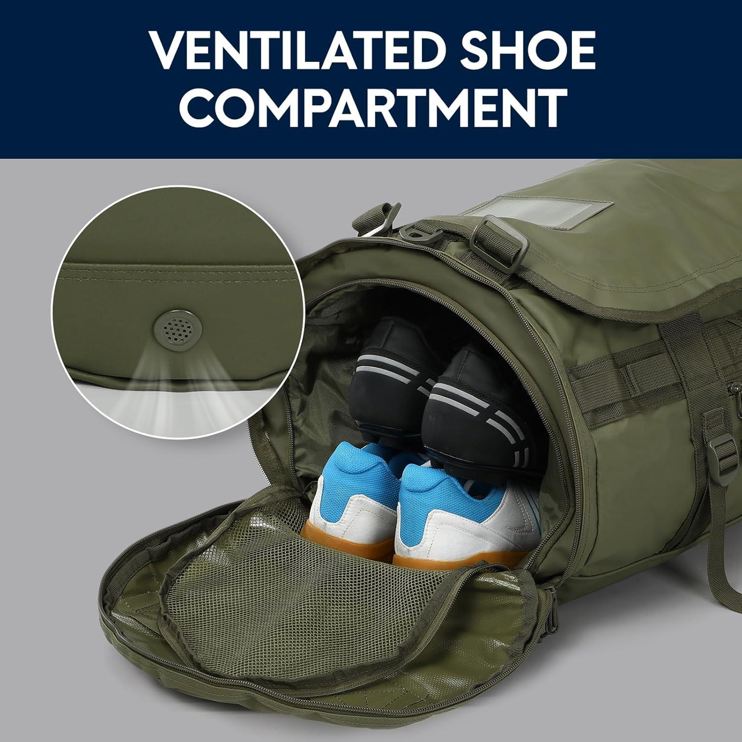 45L Gym Duffle Backpack Bag Convertible Travel Duffle with Shoes Compartment for Men Women with Straps, Water-resistant, Army Green