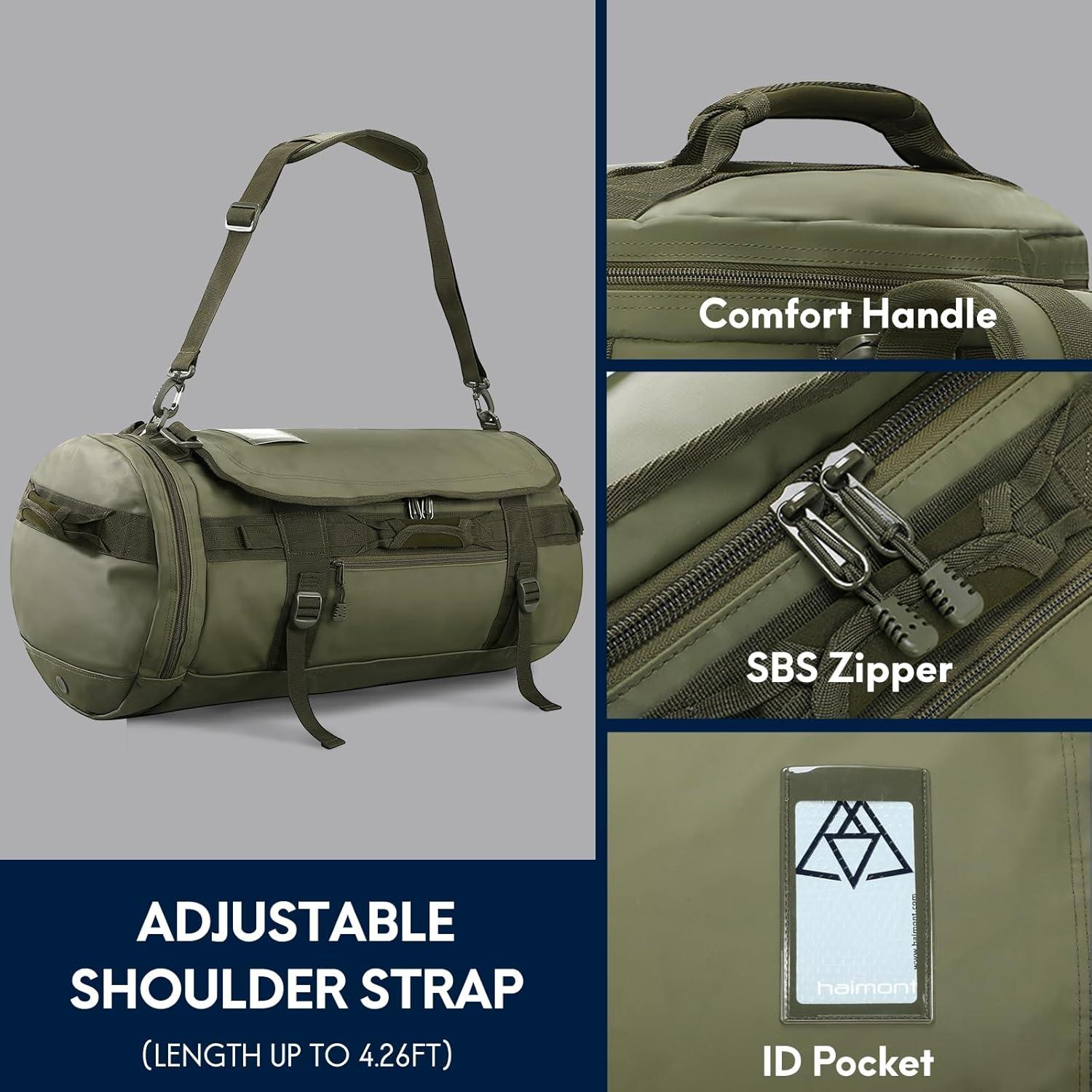 45L Gym Duffle Backpack Bag Convertible Travel Duffle with Shoes Compartment for Men Women with Straps, Water-resistant, Army Green