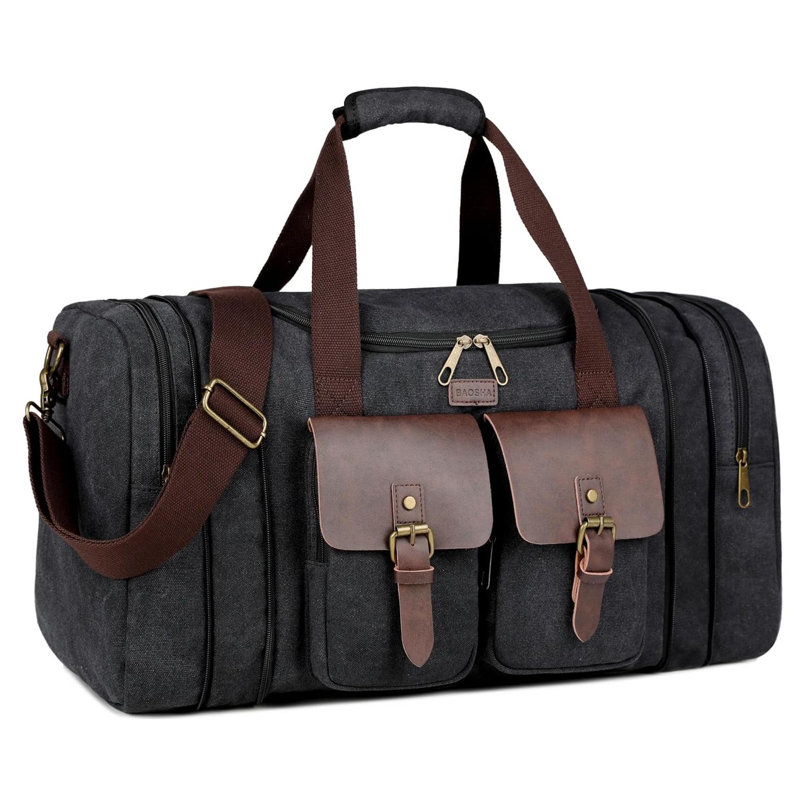 BAOSHA Large 45L Canvas Travel Duffle bag Weekender overnight Bag Carry on bag Expandable for Men HB-23 (Light Black)