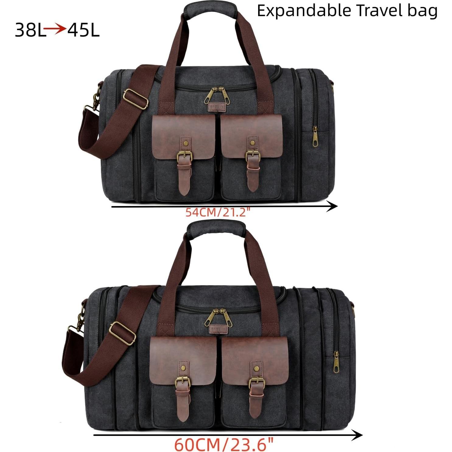 BAOSHA Large 45L Canvas Travel Duffle bag Weekender overnight Bag Carry on bag Expandable for Men HB-23 (Light Black)