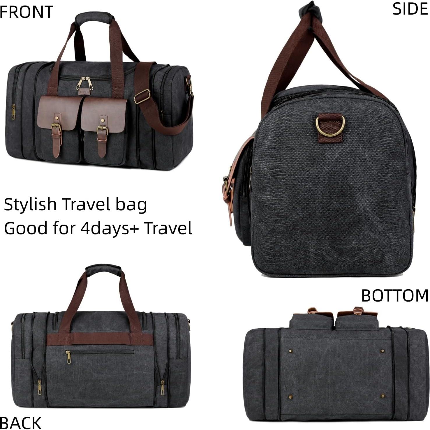 BAOSHA Large 45L Canvas Travel Duffle bag Weekender overnight Bag Carry on bag Expandable for Men HB-23 (Light Black)