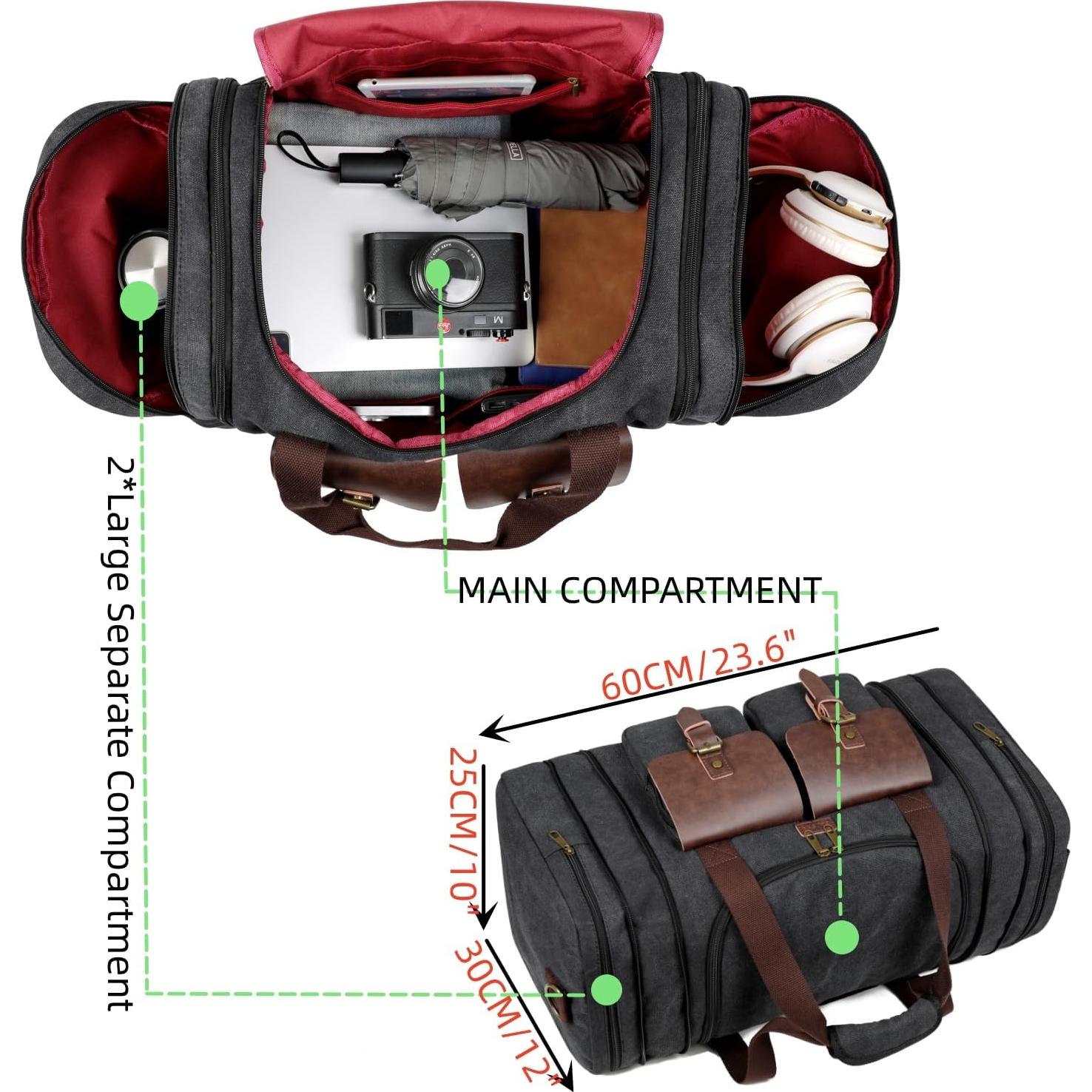 BAOSHA Large 45L Canvas Travel Duffle bag Weekender overnight Bag Carry on bag Expandable for Men HB-23 (Light Black)