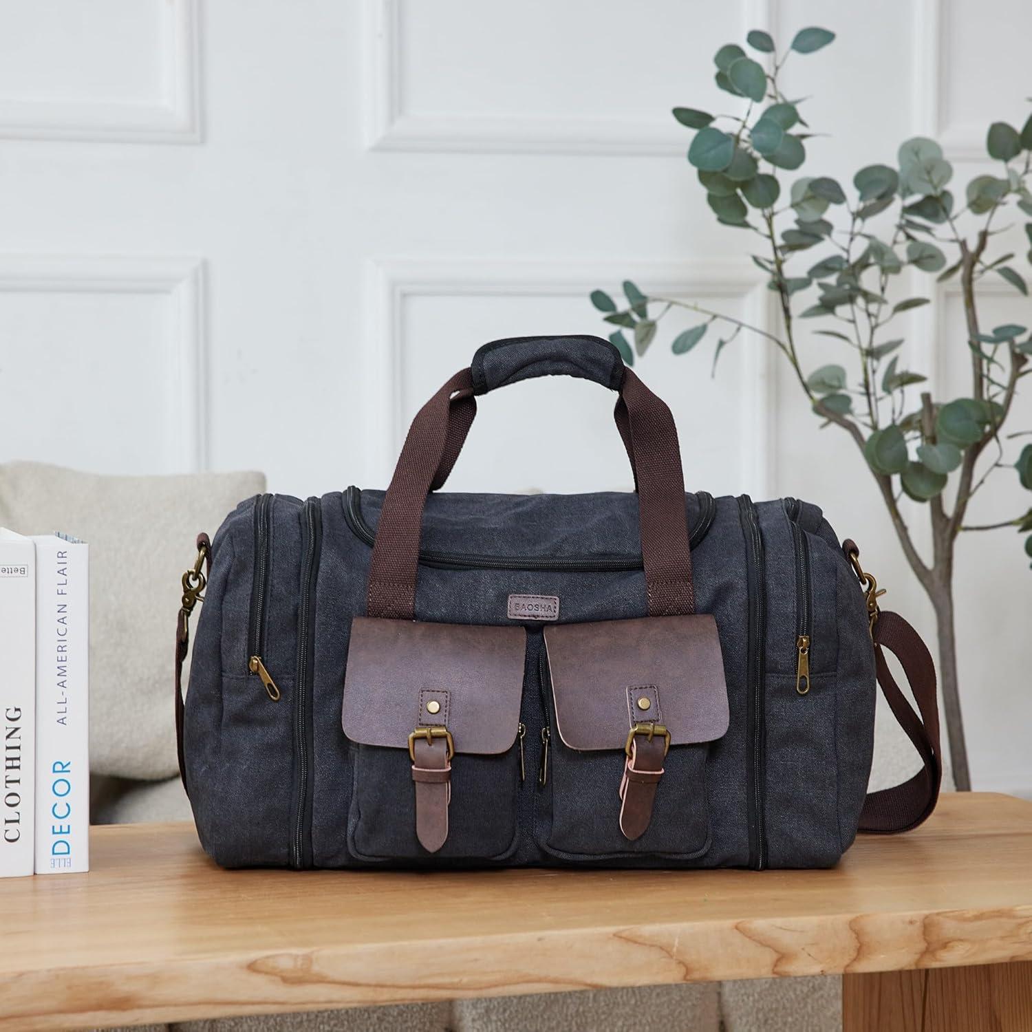 BAOSHA Large 45L Canvas Travel Duffle bag Weekender overnight Bag Carry on bag Expandable for Men HB-23 (Light Black)