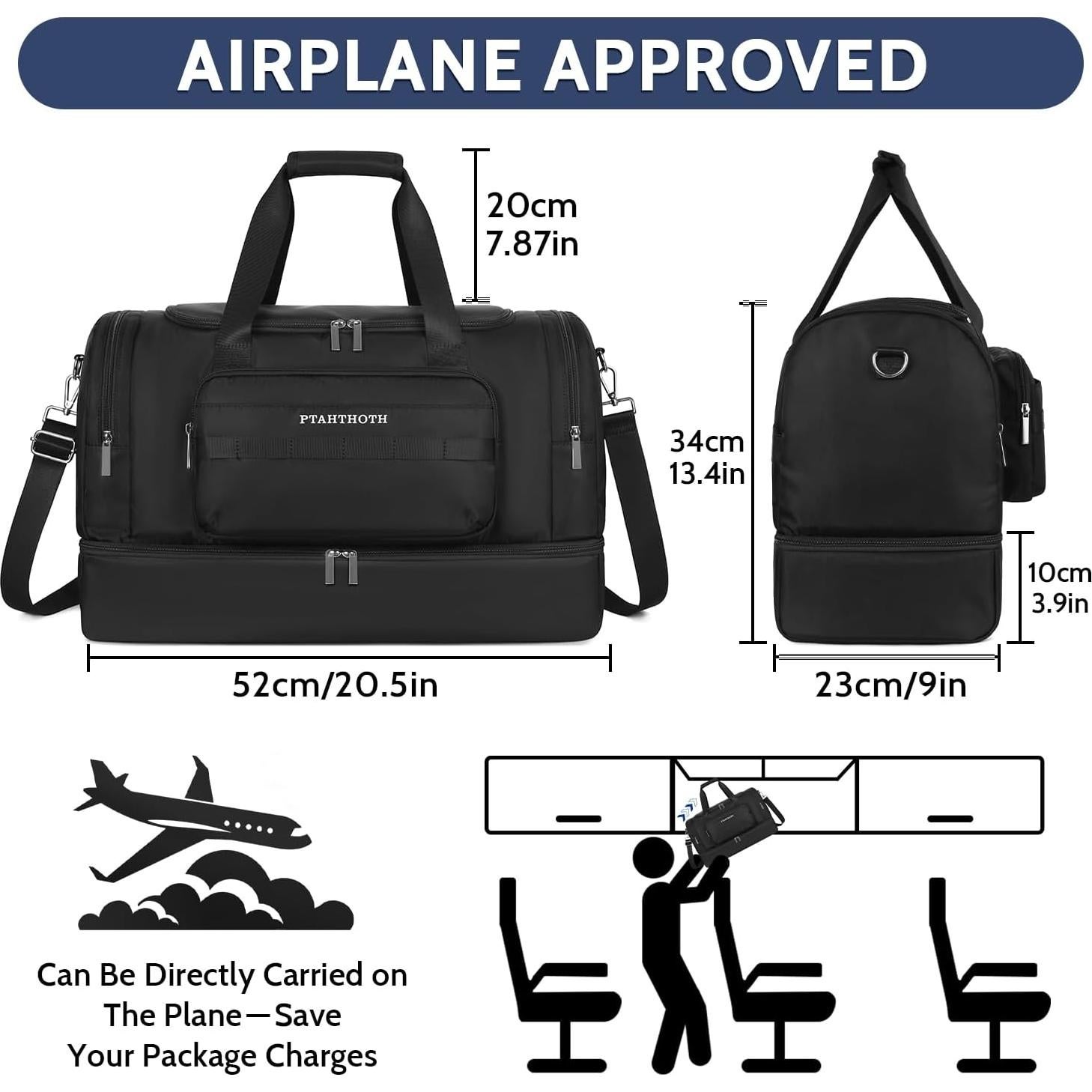 Bolsa de viaje y gimnasio 42L PTAHTHOTH negra con compartimentos