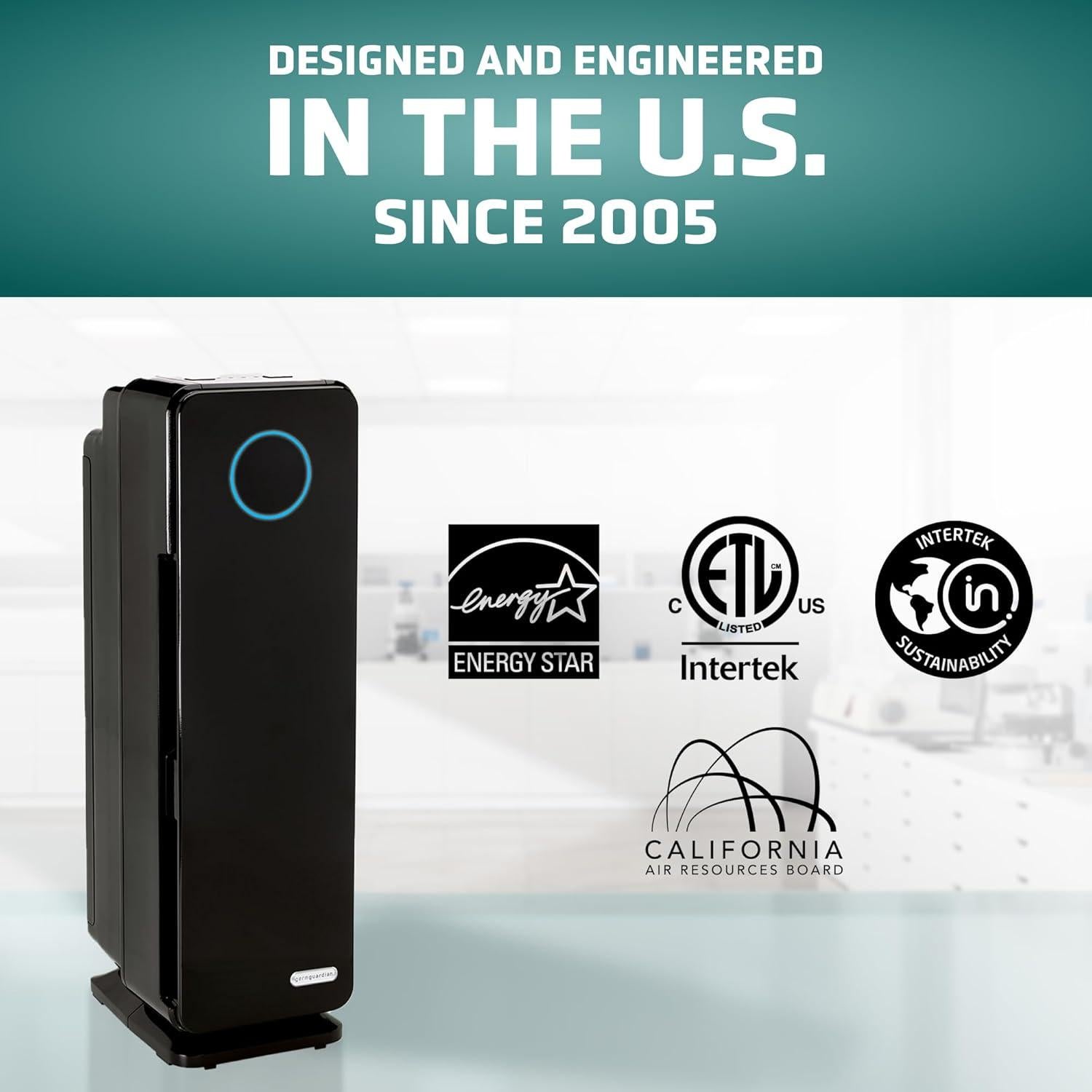 GermGuardian 5-In-1 HEPA Air Purifier for Home, Pet Air Purifier with HEPA Air Filter & UV-C Light, AC4300BPTCA, 743 Sq. Ft., 22'' Tower, Black