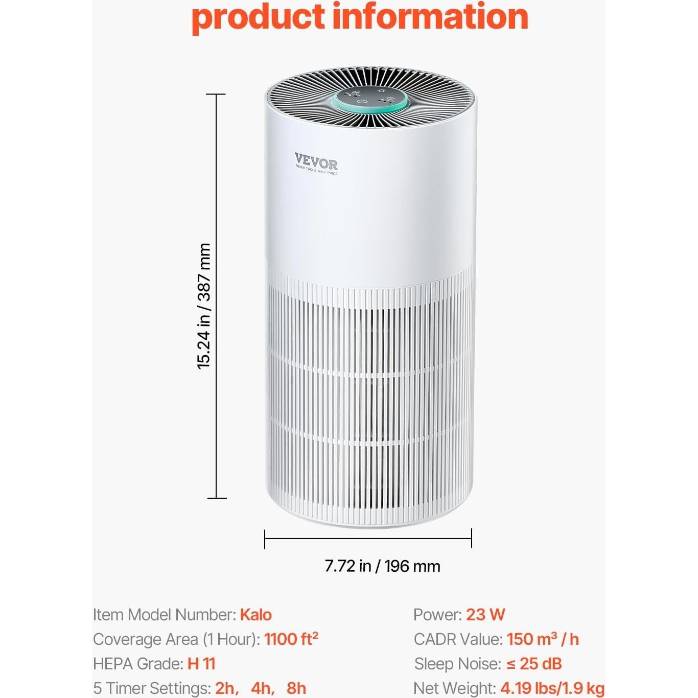 Purificador de Aire VEVOR Kalo 135 m³/h HEPA para Hogar
