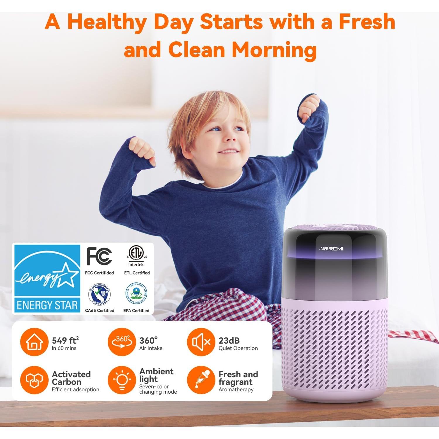 Purificador de Aire AIRROMI A2005 Púrpura, Filtro HEPA, 51 m²