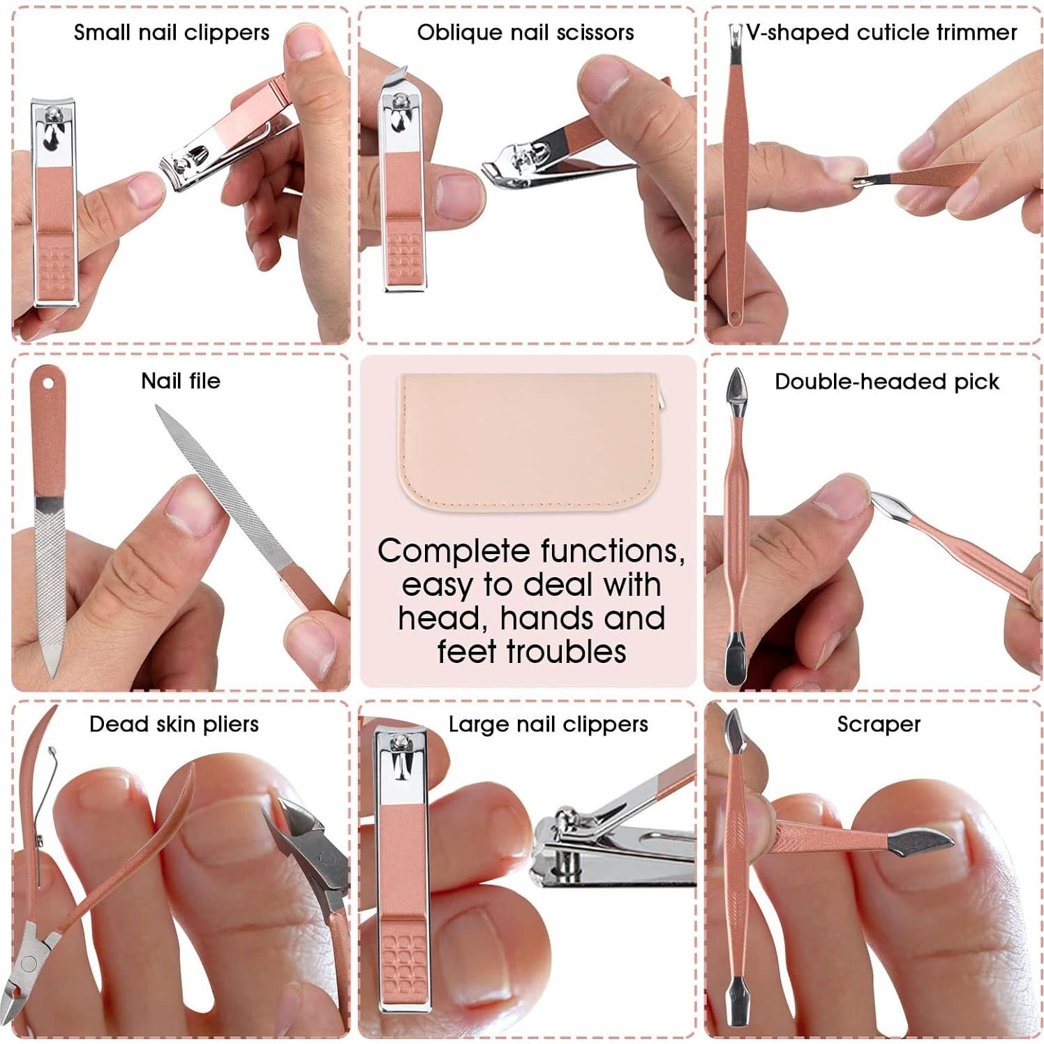 Set de Manicura 12 en 1 BOTEFEI Acero Inoxidable con Bolsa Rosa