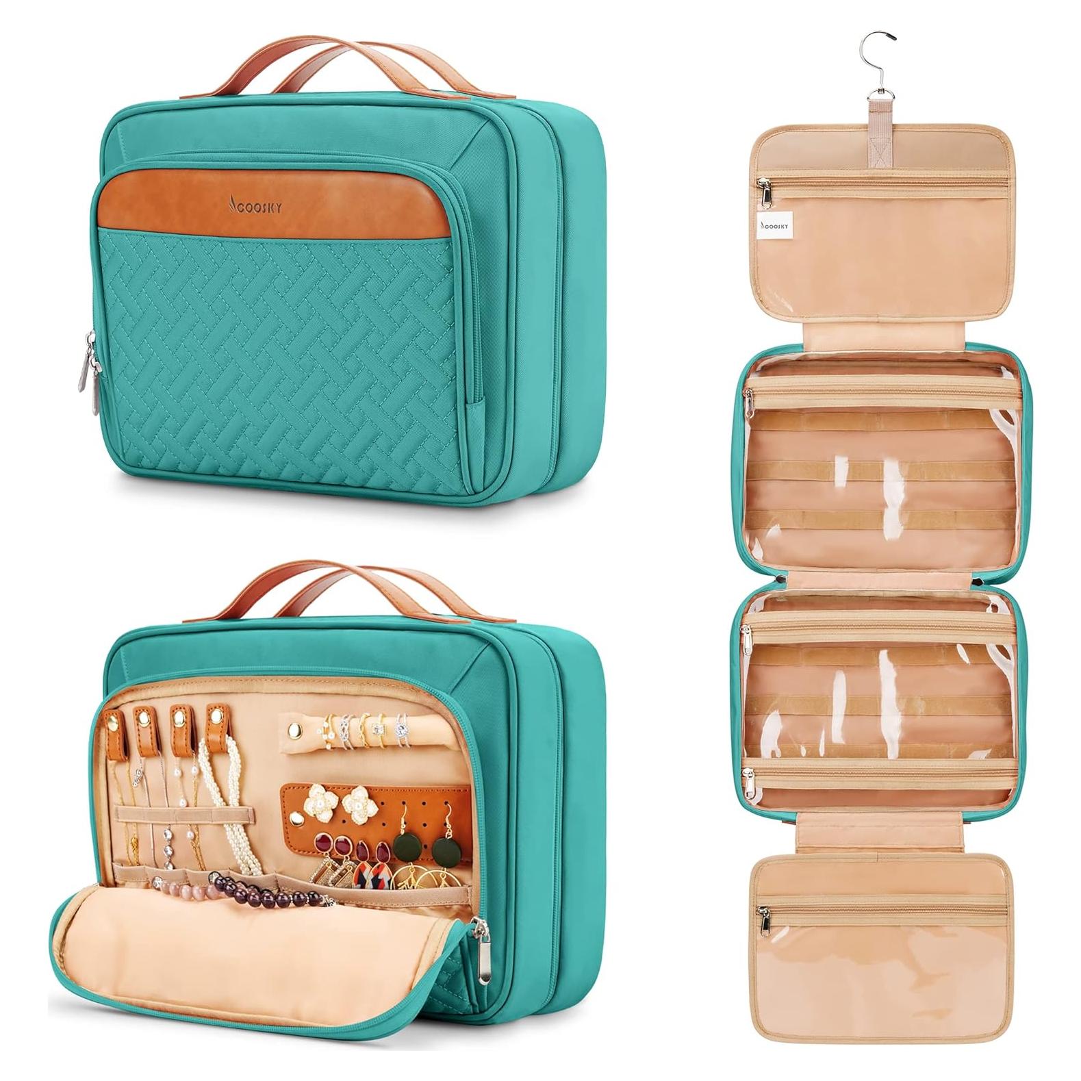 Travel Hanging Toiletry Bag for Women, Cruise Ship Essentials, with Jewelry Organizer, Extra Large Makeup Dopp Kit, Waterproof Cosmetic Bags, Toiletries Kit Set with Trolley Belt, Blue