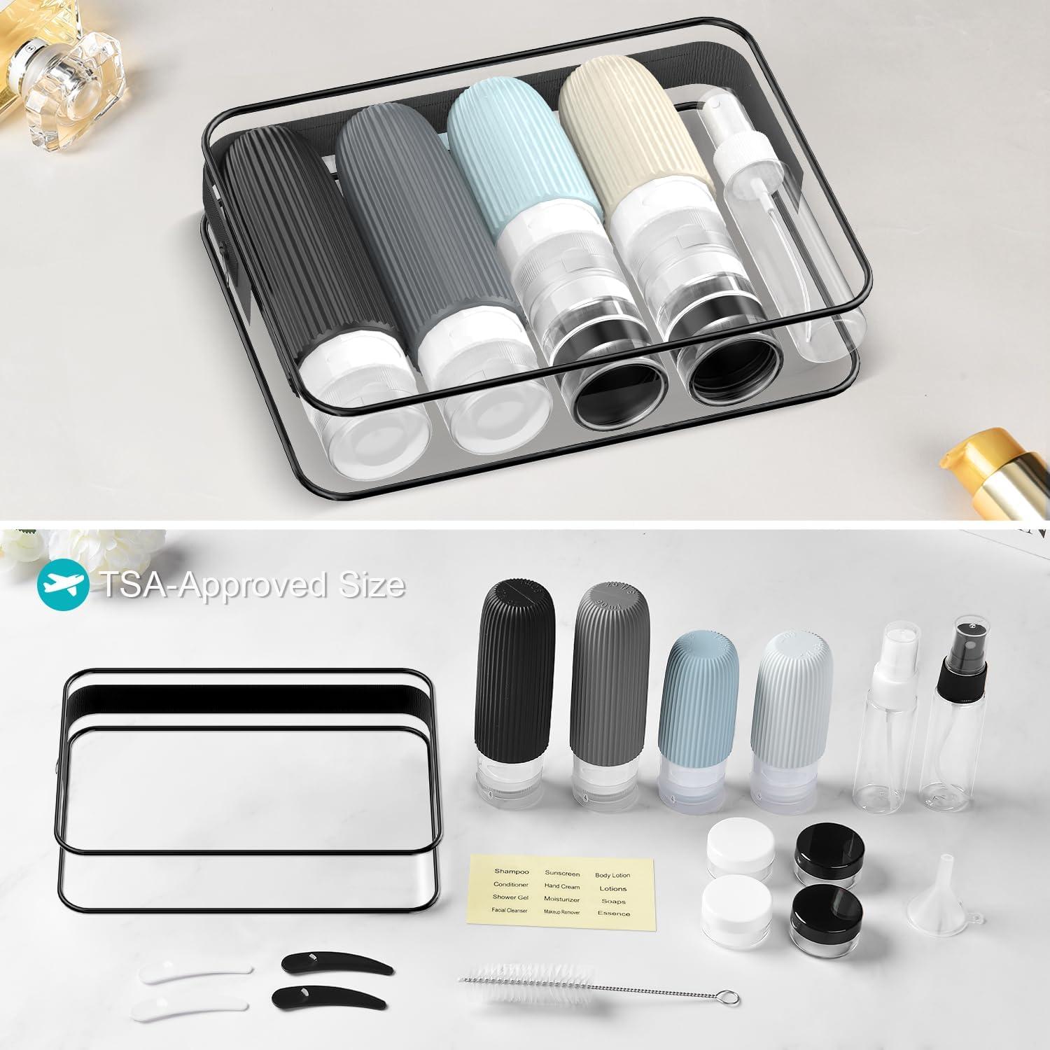 Travel Bottles for Toiletries (18 Pack), TSA Approved Size Silicone Containers Jar Kit, Airplane Essentials Toiletry Bag, Leak Proof Refillable Accessories for Conditioner, Shampoo, Lotion & Body Wash