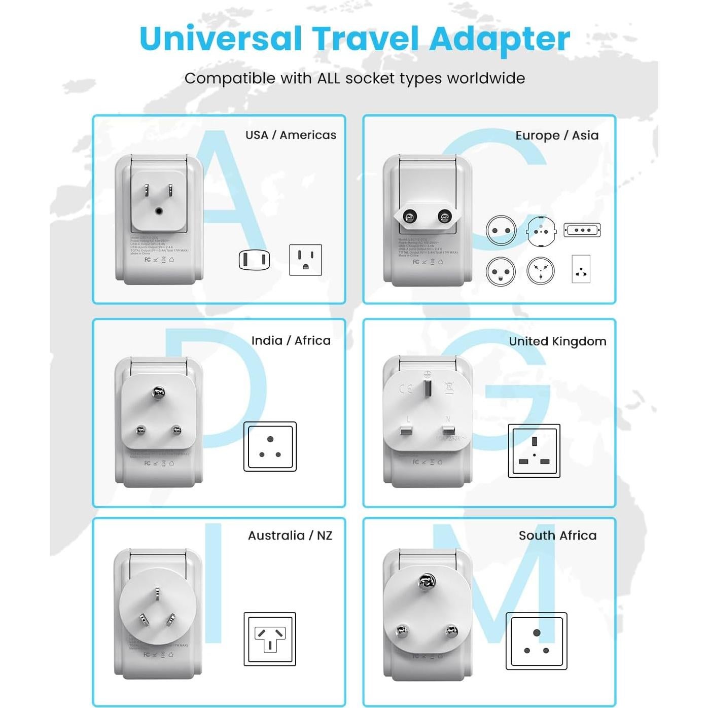 Adaptador de Viaje Universal VINTAR 5 en 1 con 3 USB 17W