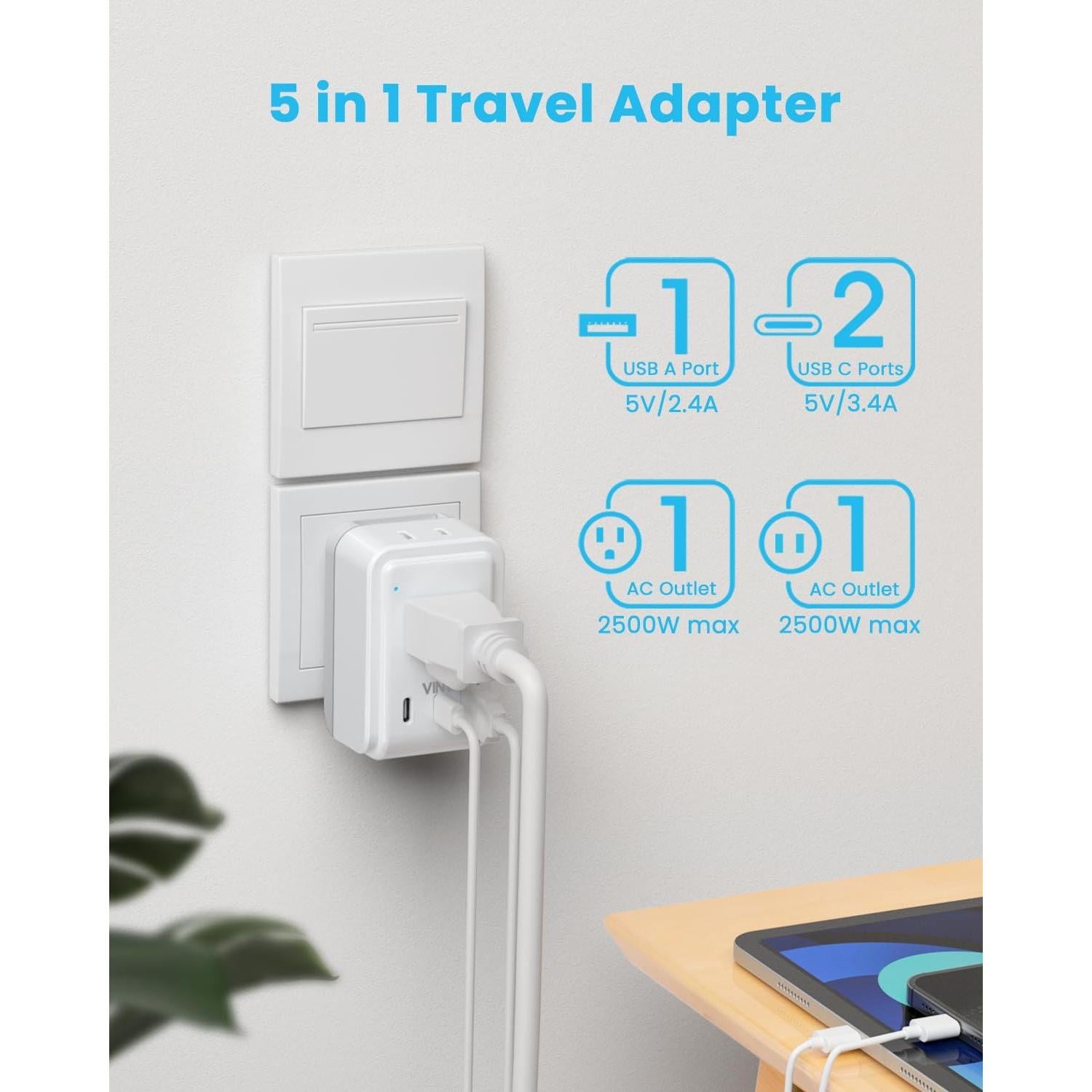 Adaptador de Viaje Universal VINTAR 5 en 1 con 3 USB 17W