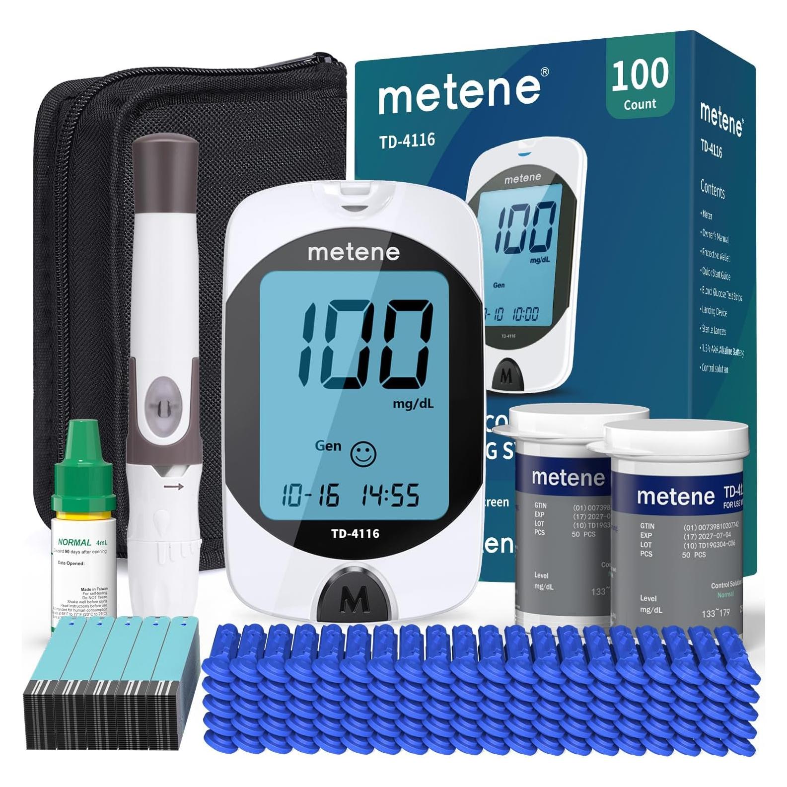 Kit de Monitor de Glucosa Metene TD-4116 con 100 Tiras y Lancetas