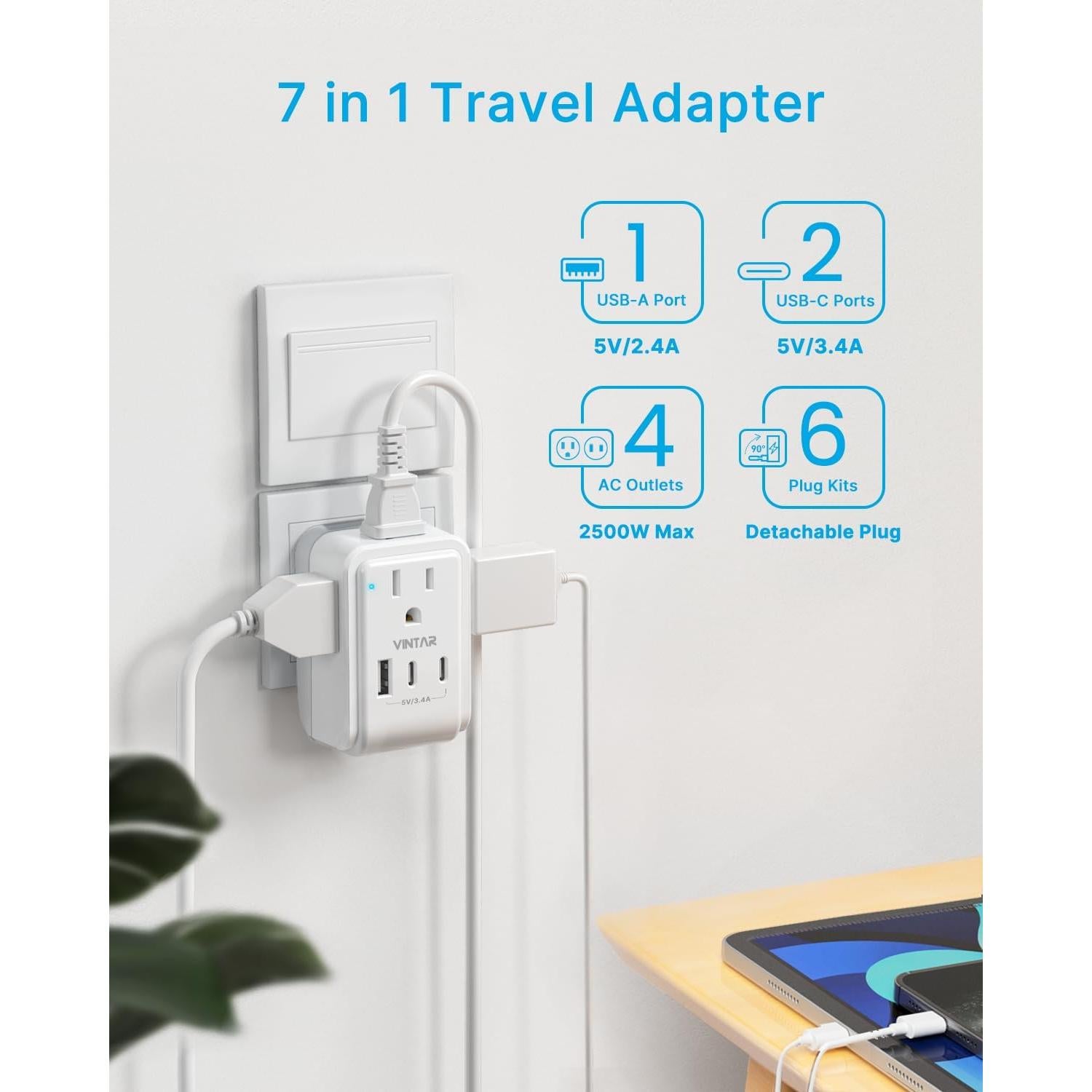 Adaptador de Viaje Universal VINTAR 7 en 1 con 3 USB