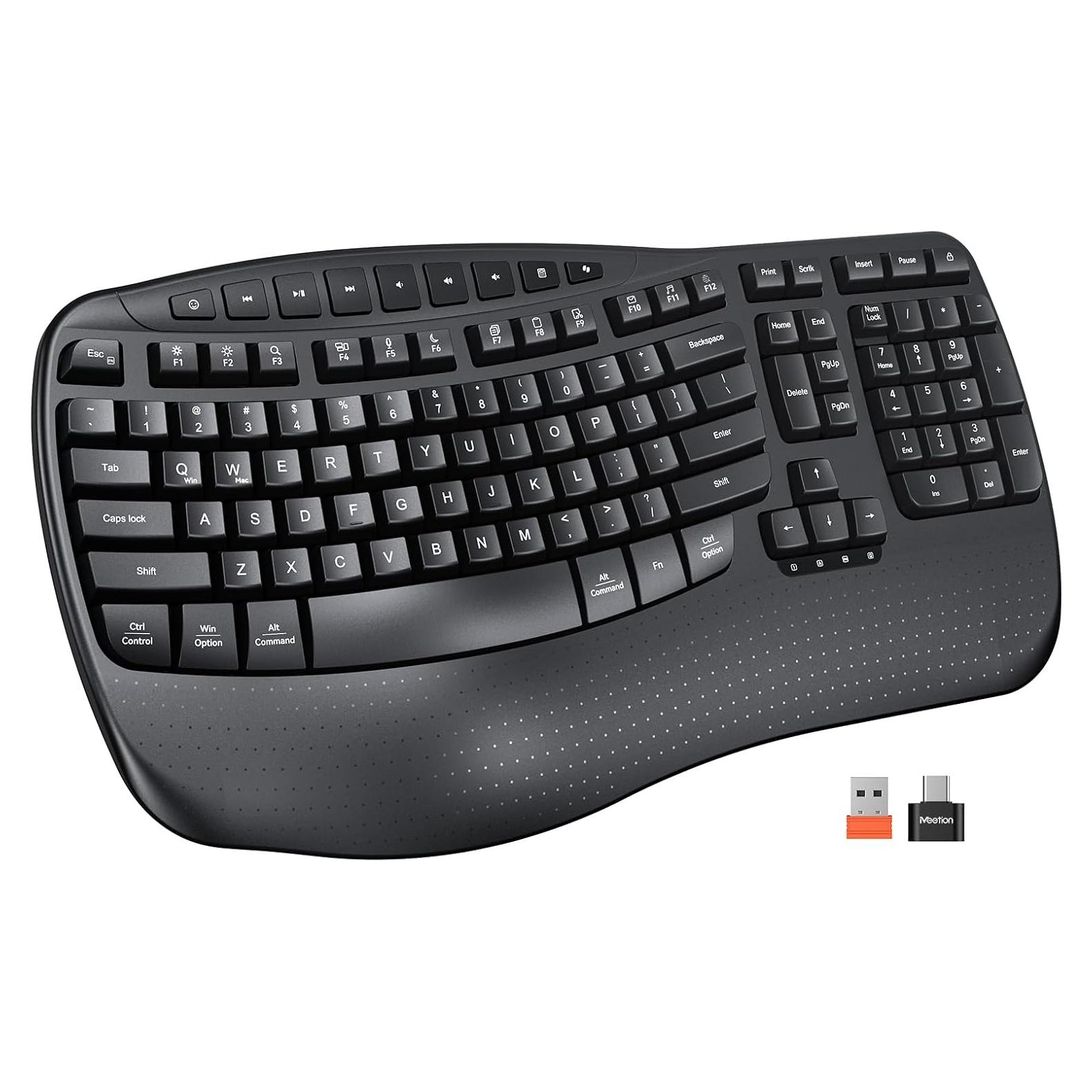 MEETION Wireless Ergonomic Keyboard, Wave Keys Firm Wrist Rest for Natural Typing, 2.4G USB-A Cordless Receiver and USB-C Adapter, Ergo Computer Keyboard Compatible with Windows/Mac/PC/Laptop, Black