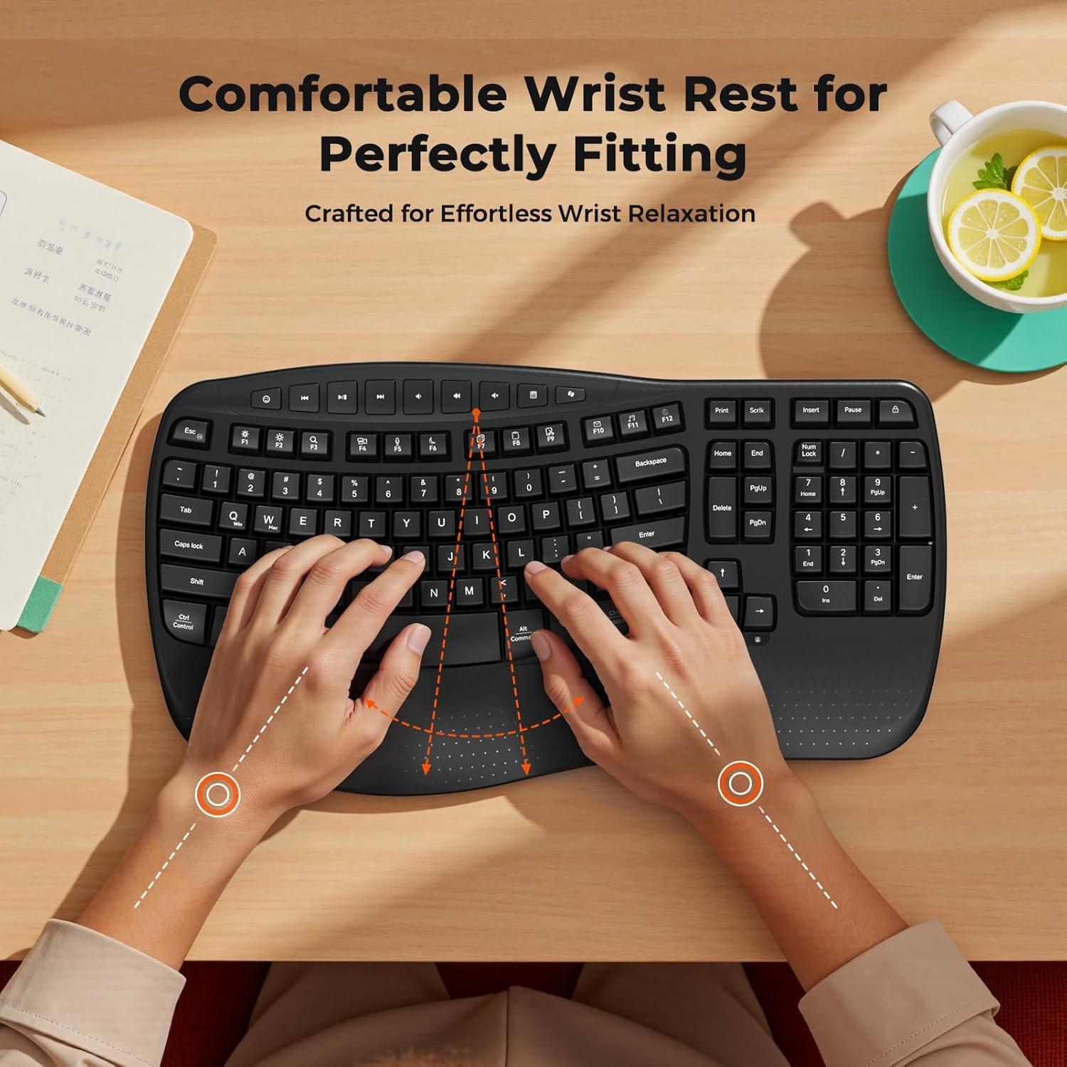MEETION Wireless Ergonomic Keyboard, Wave Keys Firm Wrist Rest for Natural Typing, 2.4G USB-A Cordless Receiver and USB-C Adapter, Ergo Computer Keyboard Compatible with Windows/Mac/PC/Laptop, Black