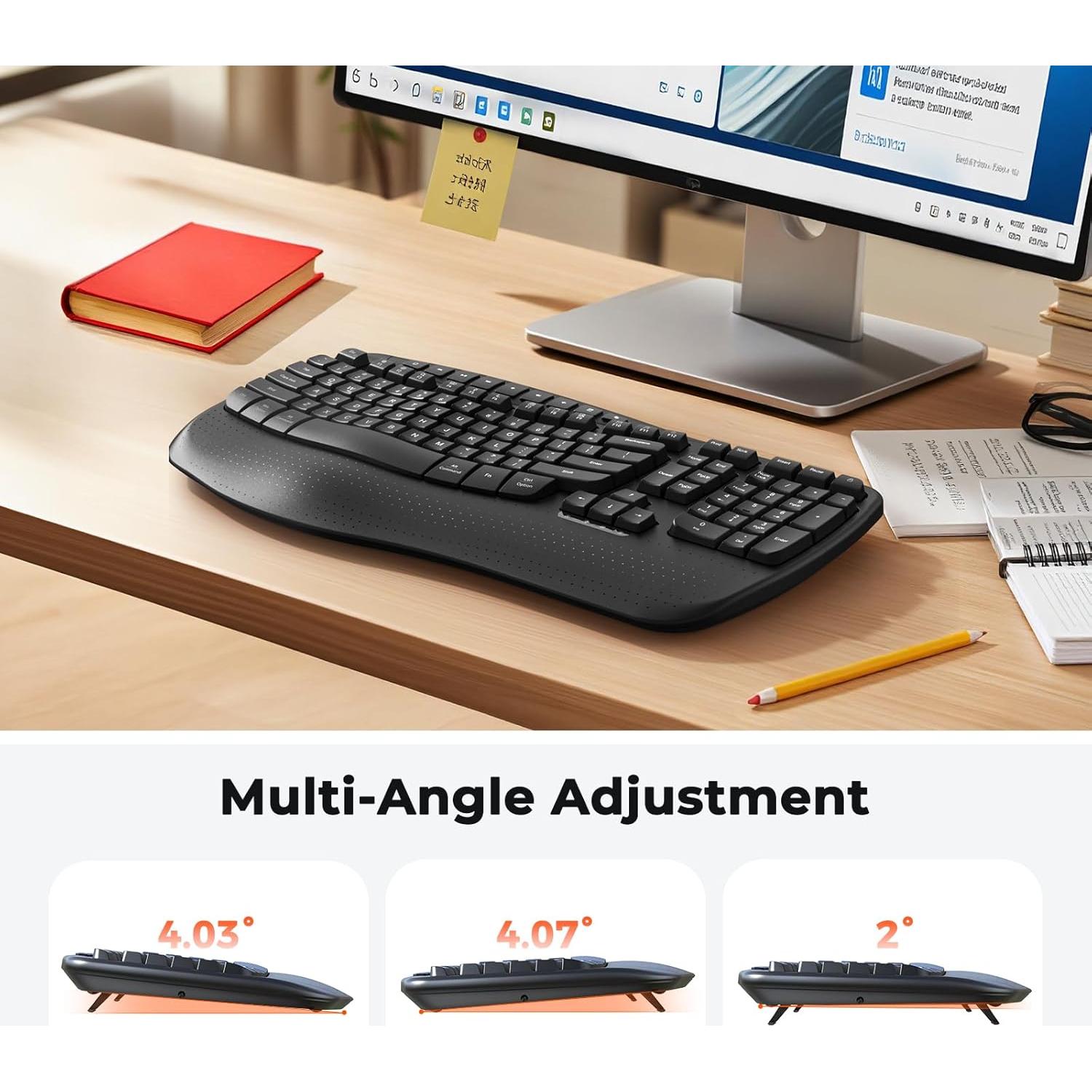 MEETION Wireless Ergonomic Keyboard, Wave Keys Firm Wrist Rest for Natural Typing, 2.4G USB-A Cordless Receiver and USB-C Adapter, Ergo Computer Keyboard Compatible with Windows/Mac/PC/Laptop, Black