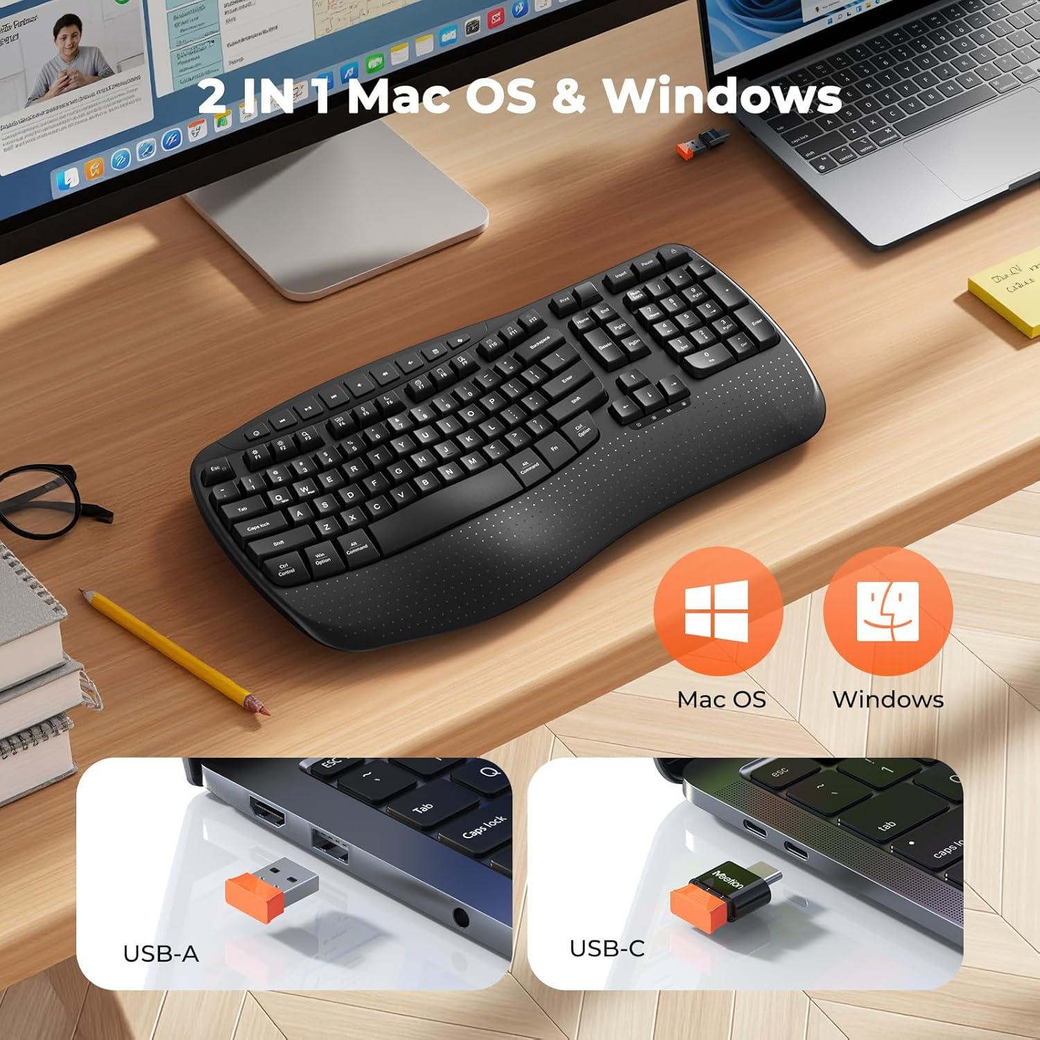 MEETION Wireless Ergonomic Keyboard, Wave Keys Firm Wrist Rest for Natural Typing, 2.4G USB-A Cordless Receiver and USB-C Adapter, Ergo Computer Keyboard Compatible with Windows/Mac/PC/Laptop, Black