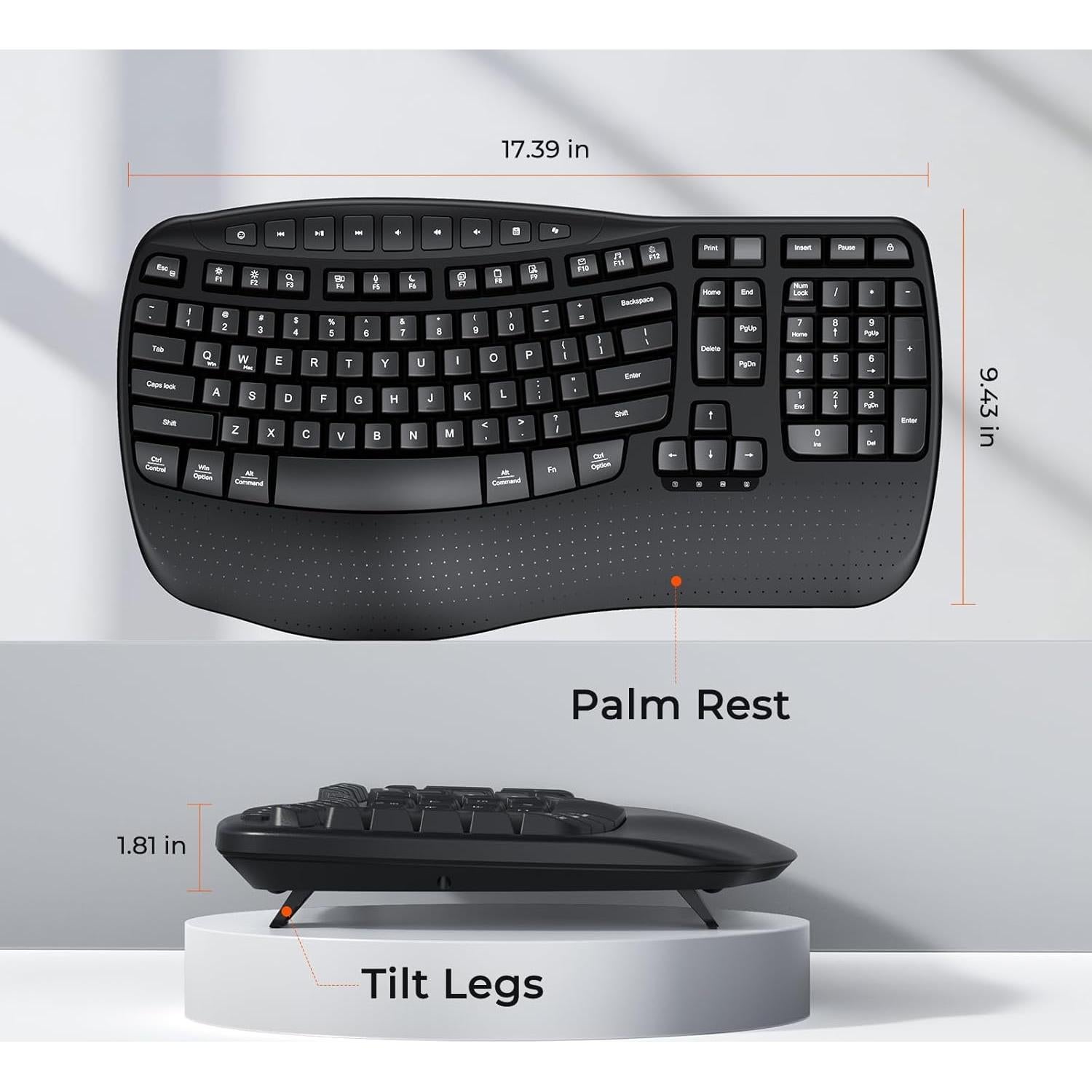 MEETION Wireless Ergonomic Keyboard, Wave Keys Firm Wrist Rest for Natural Typing, 2.4G USB-A Cordless Receiver and USB-C Adapter, Ergo Computer Keyboard Compatible with Windows/Mac/PC/Laptop, Black