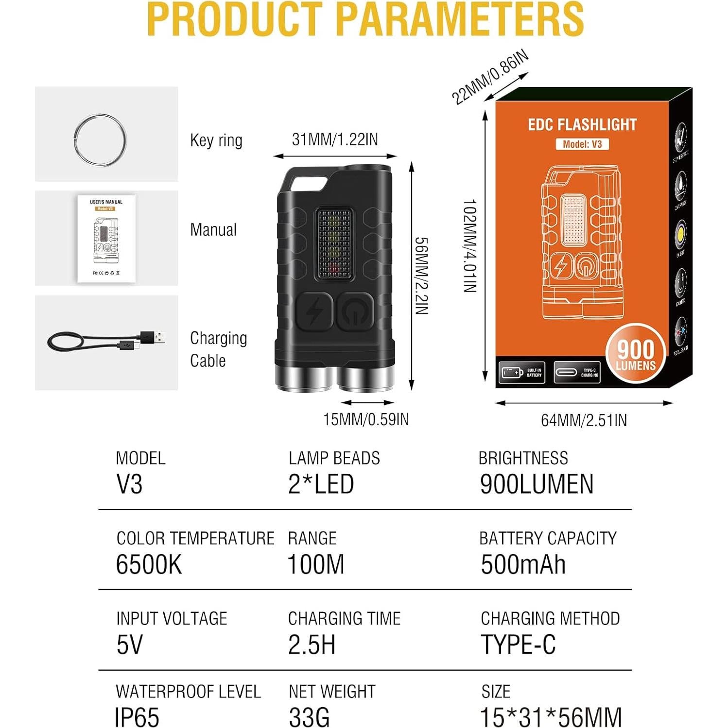 Linterna EDC BORUIT V3 Recargable LED 10 Modos IP65 Negra