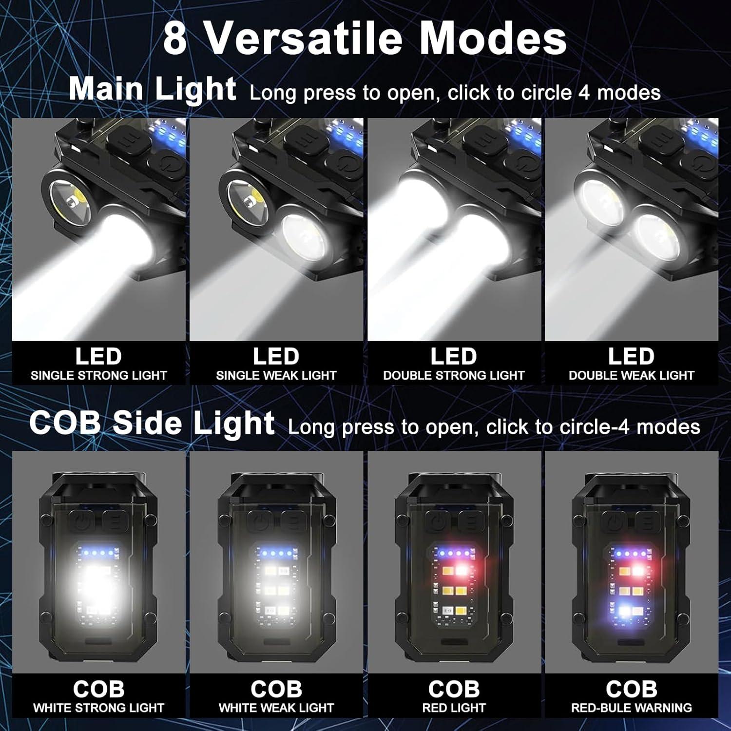 SEFONE 8 Modes Clip on Flashlight Mini EDC Keychain Flashlight, Running Light LED & COB Small Pocket Flash Lights, Super Bright 800 High Lumens Work Light Men Gifts (Black)