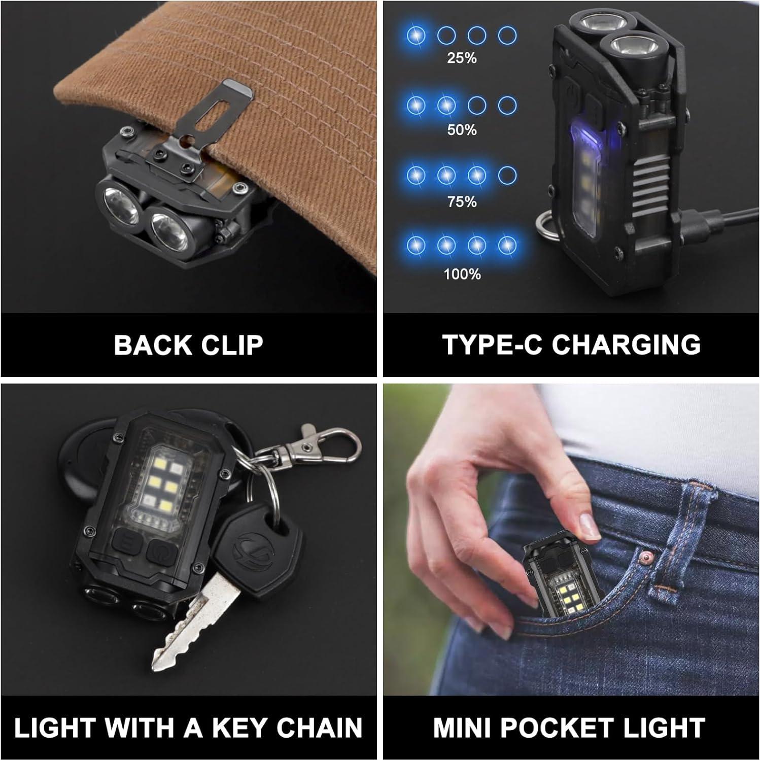 SEFONE 8 Modes Clip on Flashlight Mini EDC Keychain Flashlight, Running Light LED & COB Small Pocket Flash Lights, Super Bright 800 High Lumens Work Light Men Gifts (Black)