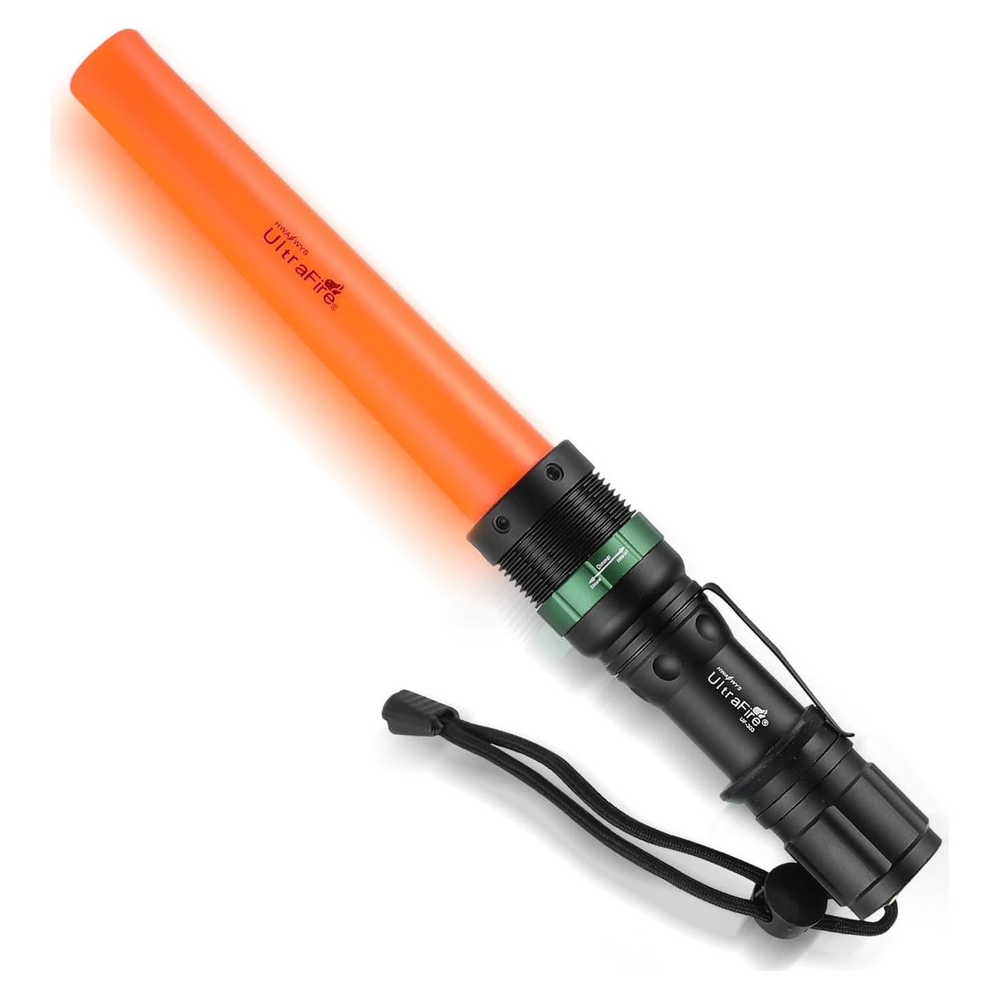 ULTRAFIRE 11-Inch Signal Traffic Wand LED Flashlight with Strobe Mode, Wrist Strap Lanyard, 250 Lumens, Orange Finish