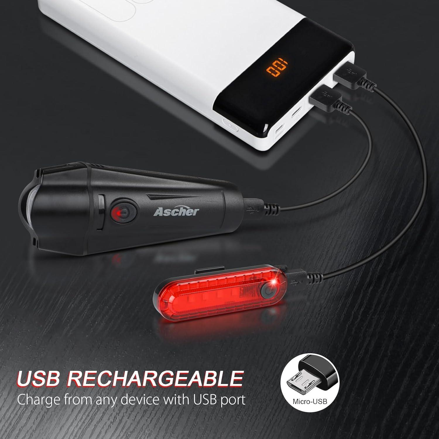 Juego de Luces para Bicicleta Ascher USB Recargables 4 Modos