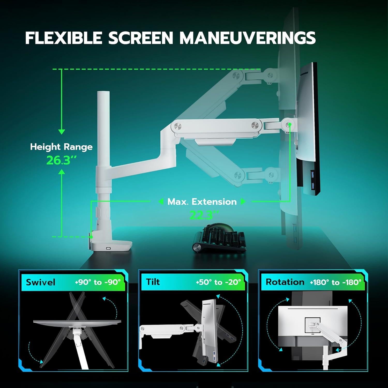 Soporte de Monitor Ultrawide ARES WING Blanco con USB-A/C