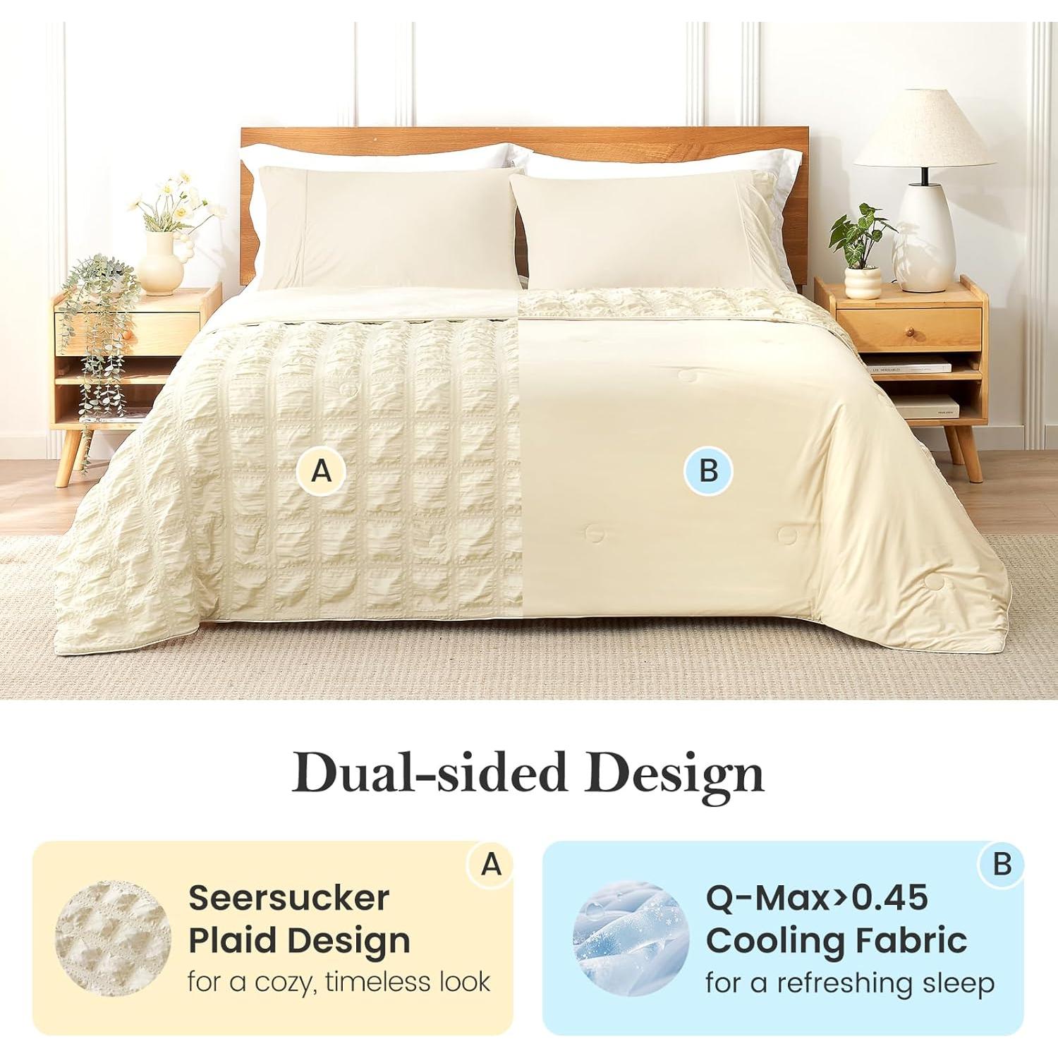 Cozy Bliss Cooling Comforter Seersucker Plaid King, Q-Max 0.4 Reversible Lightweight Cooling Blanket, Breathable Silk Smooth Summer Bedding Quilt for Hot Sleepers Night Sweats Khaki
