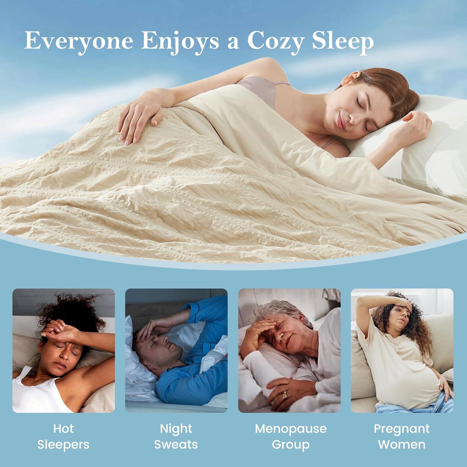 Cozy Bliss Cooling Comforter Seersucker Plaid King, Q-Max 0.4 Reversible Lightweight Cooling Blanket, Breathable Silk Smooth Summer Bedding Quilt for Hot Sleepers Night Sweats Khaki