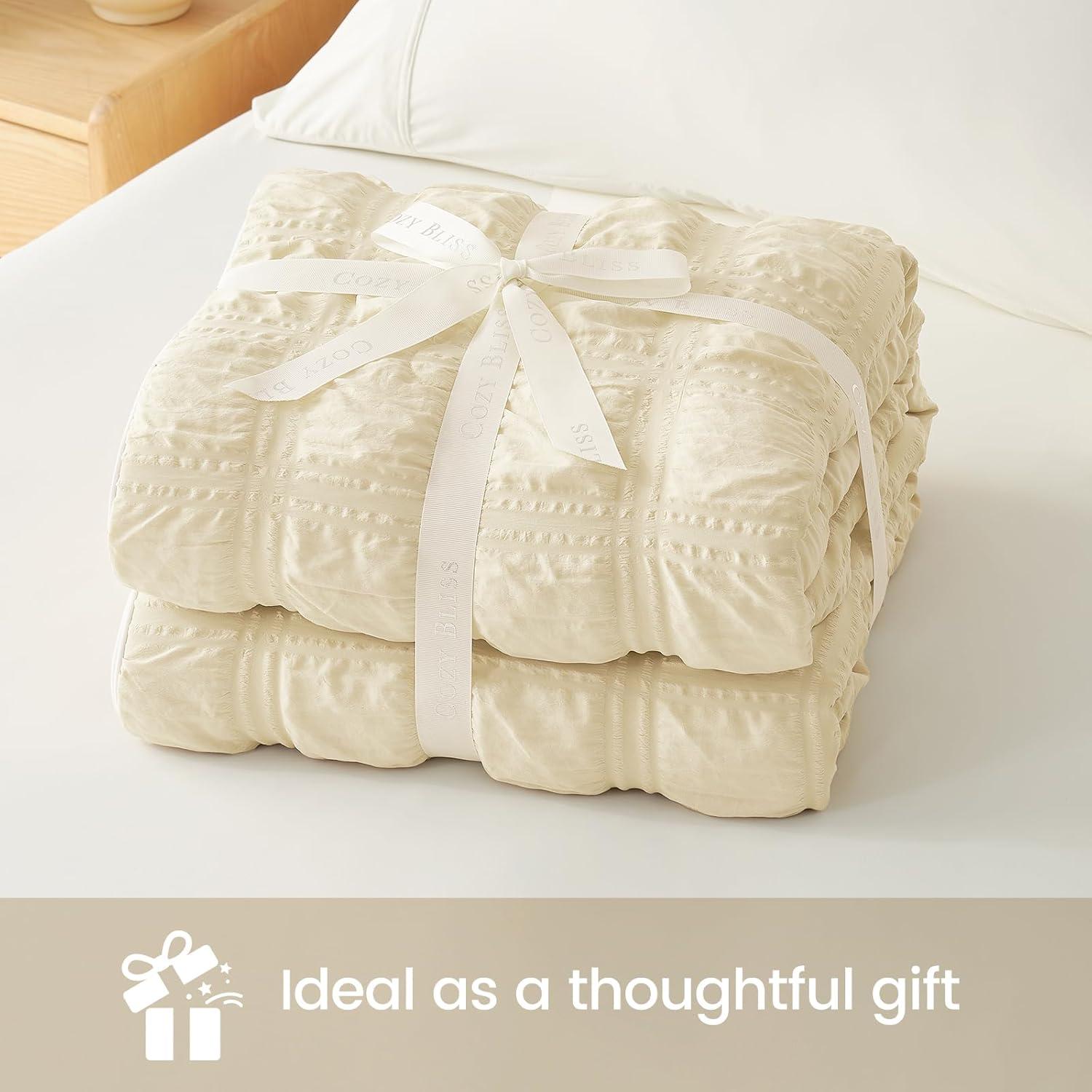 Cozy Bliss Cooling Comforter Seersucker Plaid King, Q-Max 0.4 Reversible Lightweight Cooling Blanket, Breathable Silk Smooth Summer Bedding Quilt for Hot Sleepers Night Sweats Khaki