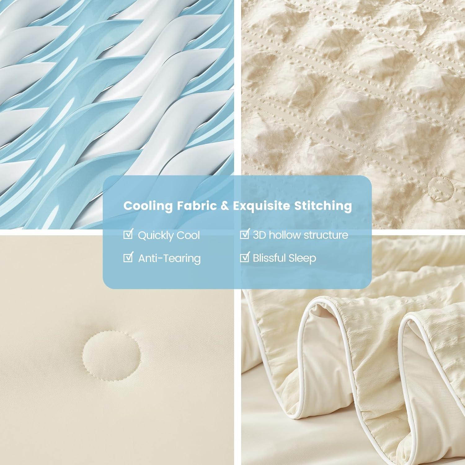 Cozy Bliss Cooling Comforter Seersucker Plaid King, Q-Max 0.4 Reversible Lightweight Cooling Blanket, Breathable Silk Smooth Summer Bedding Quilt for Hot Sleepers Night Sweats Khaki