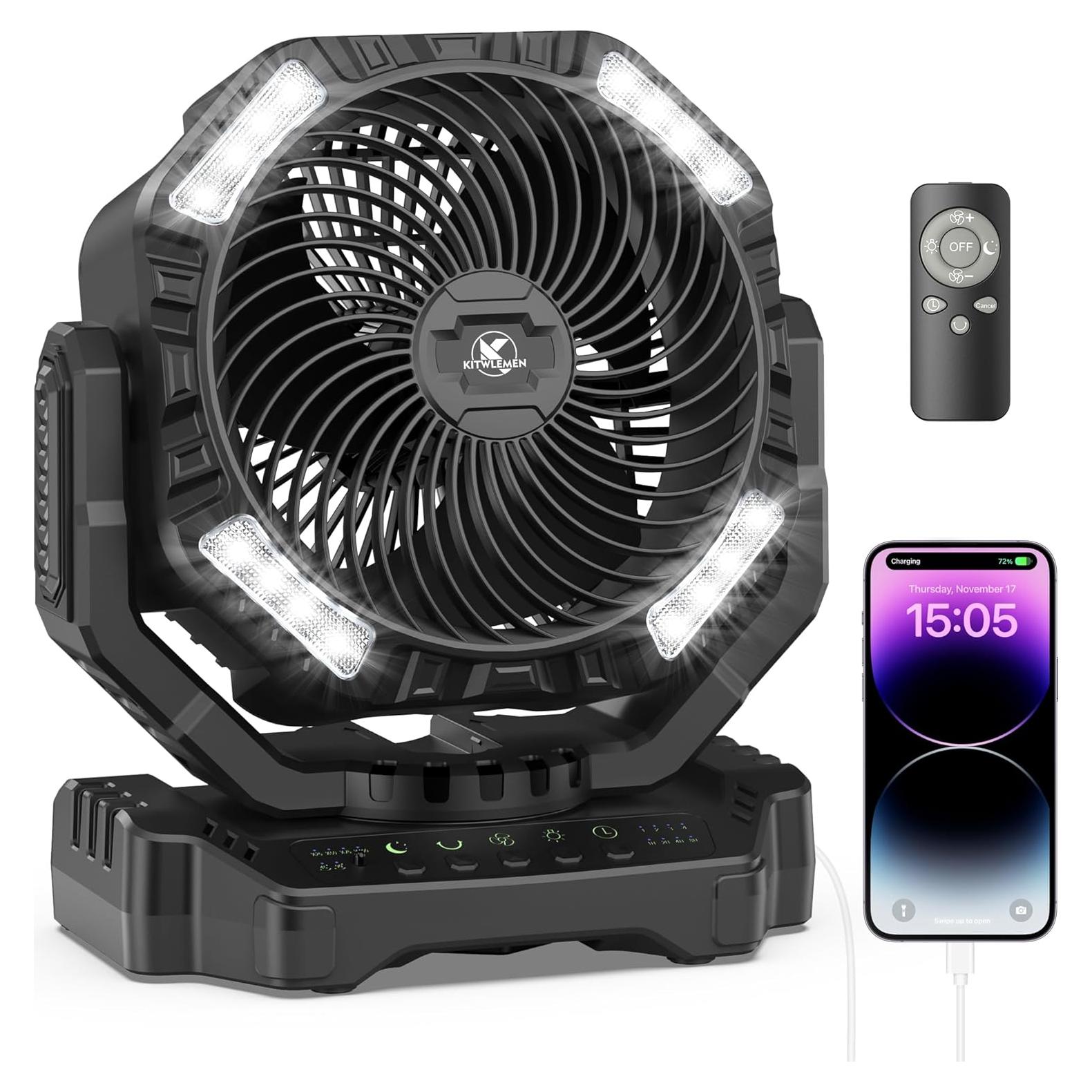 40000mAh Battery Powered Camping Fan - 136H Max Cooling, Rechargeable Battery Operated Oscillating Floor Fan with Charger, Remote & Hook, Portable for Tent Outdoor Patio Garage Hurricane Power Outage