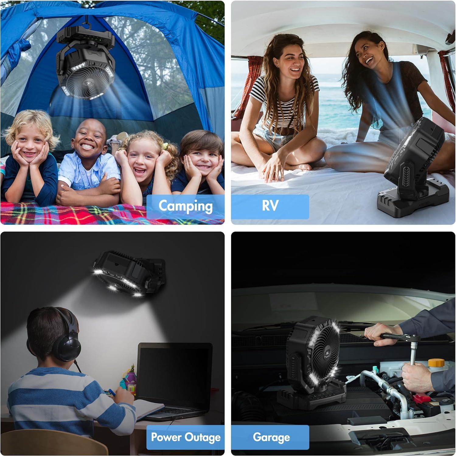 40000mAh Battery Powered Camping Fan - 136H Max Cooling, Rechargeable Battery Operated Oscillating Floor Fan with Charger, Remote & Hook, Portable for Tent Outdoor Patio Garage Hurricane Power Outage