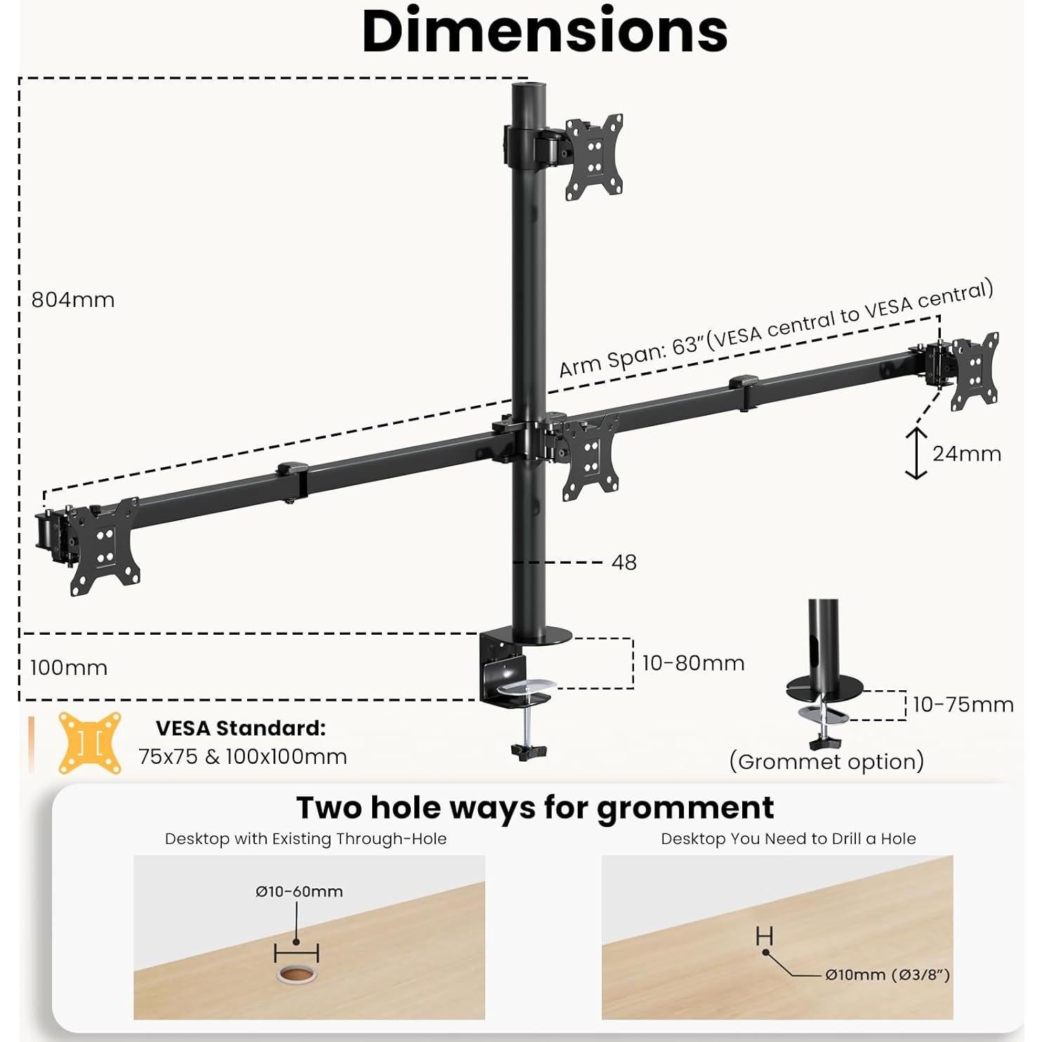 Quad Monitor Mount for 17-32 Inches - Fully Adjustable Heavy Duty 4 Monitor Arm Desk Mount, Max Load 22lbs per Screen, Clamp/Grommet, VESA 75/100 mm, Black