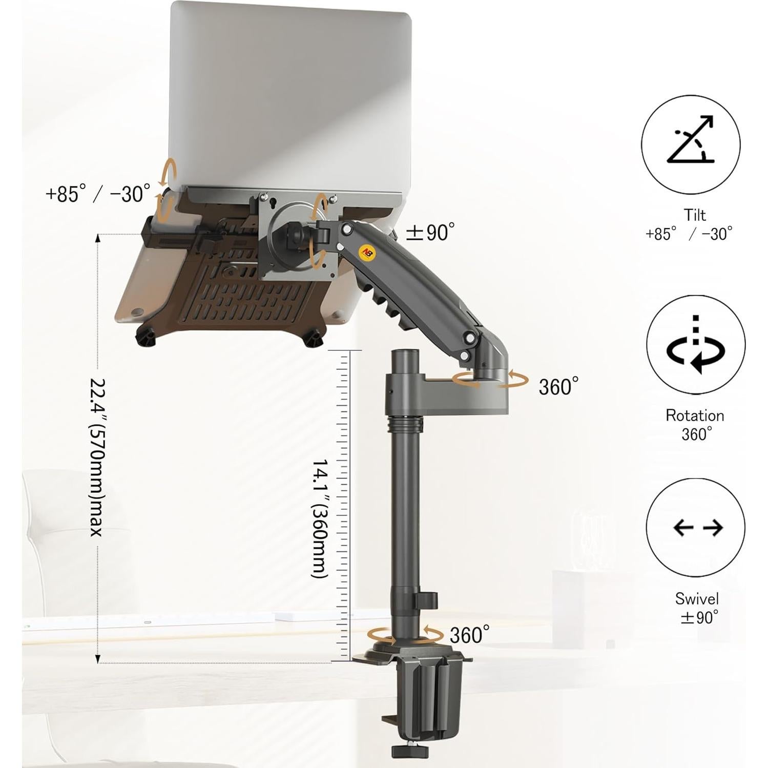 NB North Bayou Laptop Mount with Adjustable Tray for 10-17” Notebook, Full Motion Arm with VESA Plate for 17-30” Monitor (Within 4.4~19.8lbs),Clamp-on Grommet Mounting H100-FP