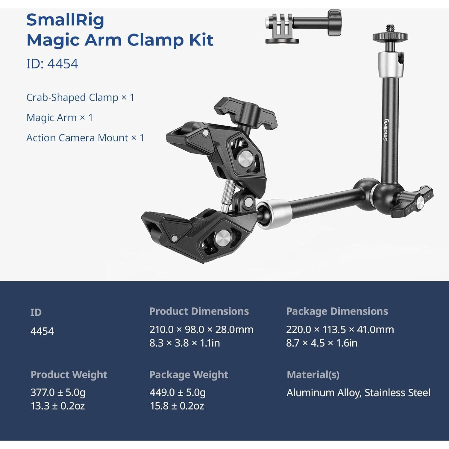 SMALLRIG Magic Arm Clamp Kit, Camera Mount Articulating Friction Arm w Super Clamp, w 1/4"-20 Screw and Thread Hole, for Camera, Light, Monitor, Webcam or Action Camera 1.5kg, for Table, Tube