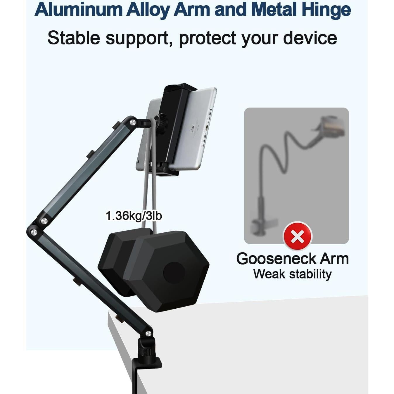 Soporte de escritorio para tabletas YCNEW gris, brazo ajustable 50.8 cm