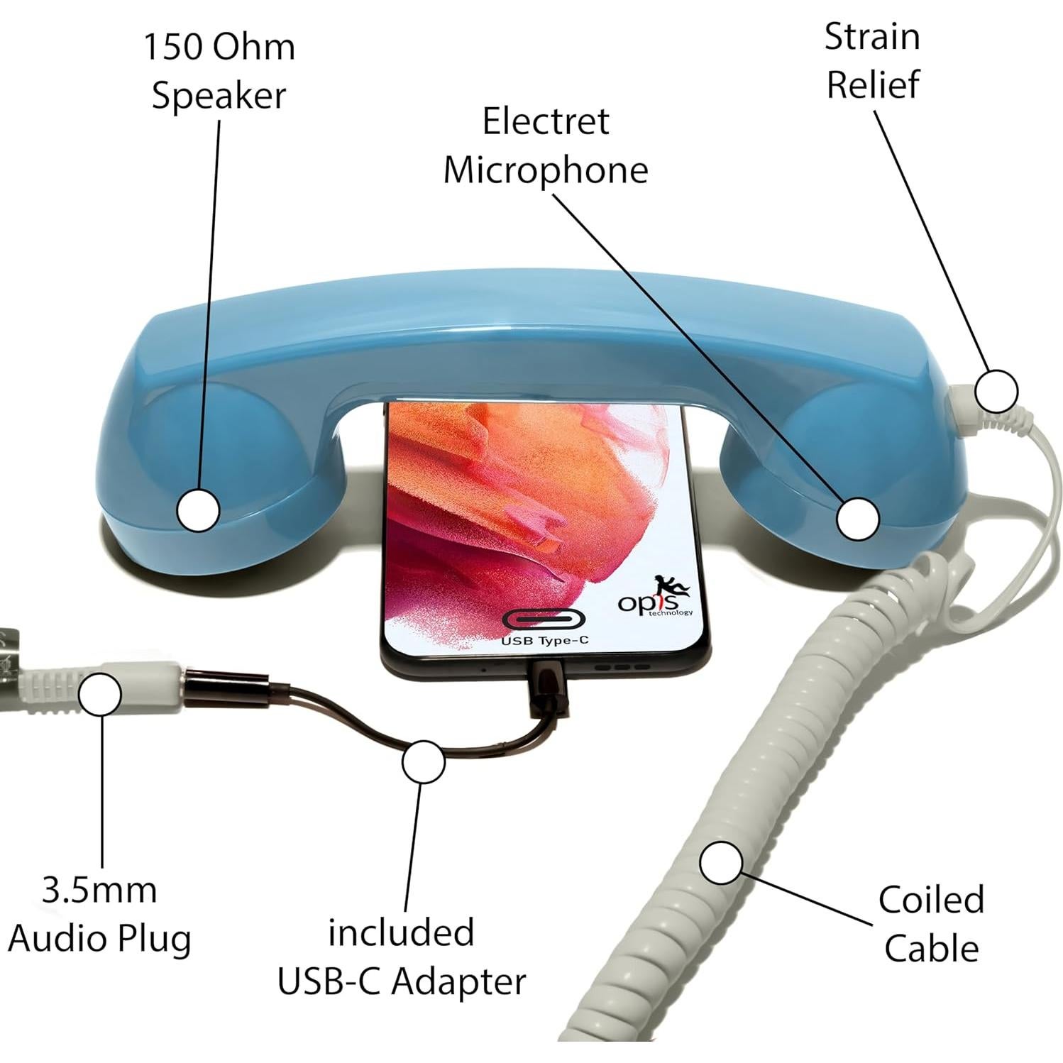 Auricular Retro Opis 60s Micro USB-C y 3.5mm Azul
