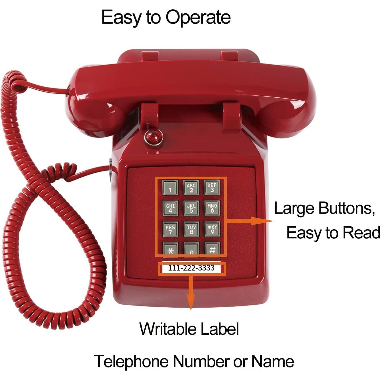 Teléfono de Línea Fija Rojo Vintage HTMengt 2500 Analógico