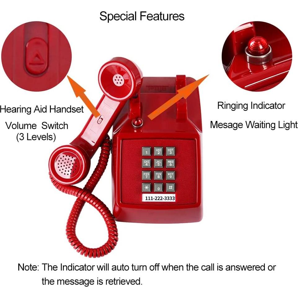 Teléfono de Línea Fija Rojo Vintage HTMengt 2500 Analógico