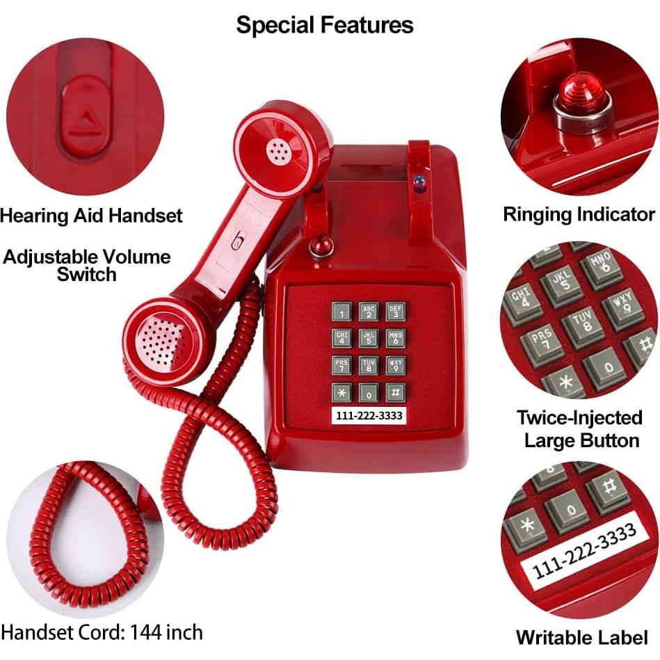 Teléfono de Línea Fija Rojo Vintage HTMengt 2500 Analógico