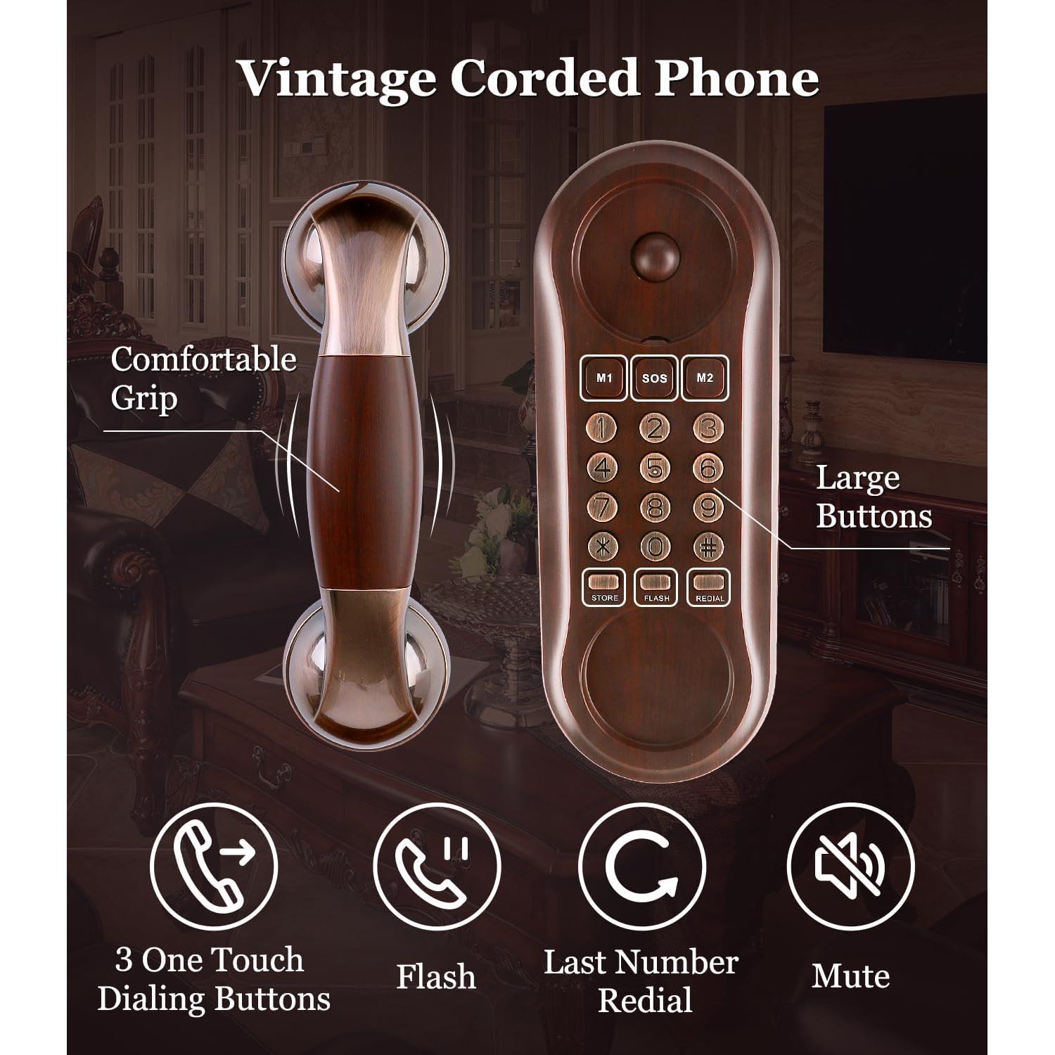 Teléfono de Pared Retro Sangyn de Madera Roja con Timbre Fuerte