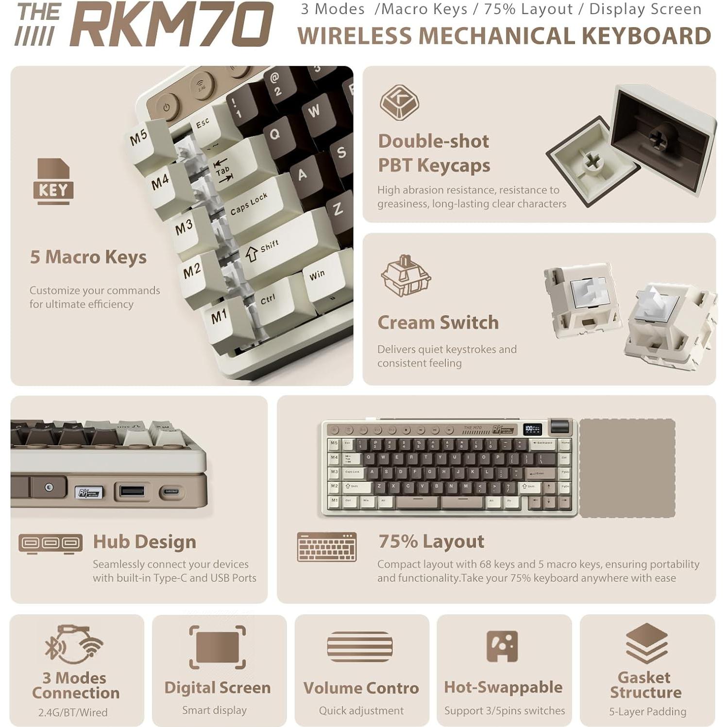 Teclado Mecánico Inalámbrico RK ROYAL KLUDGE M70 75% RGB