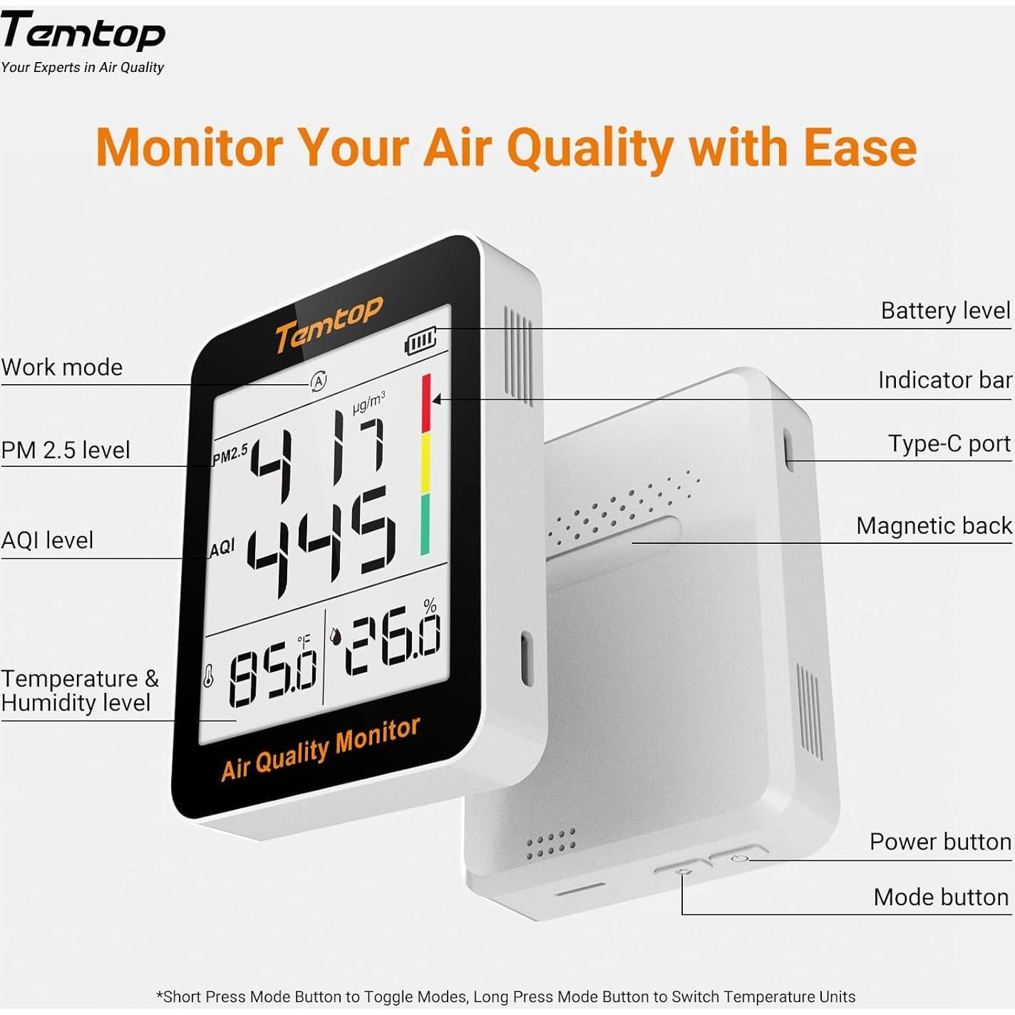Monitor de Calidad del Aire Temtop S1 - PM2.5, Temperatura y Humedad