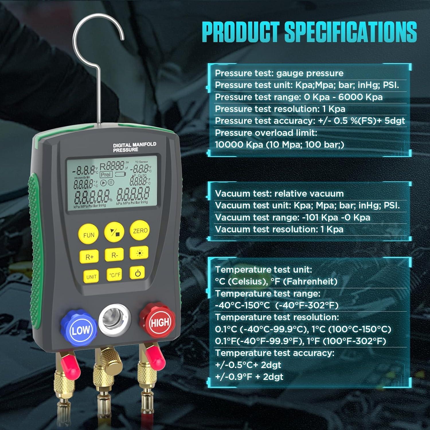 Manómetros Digitales HVAC MOTOCOCHE R410A R22 2 Vías
