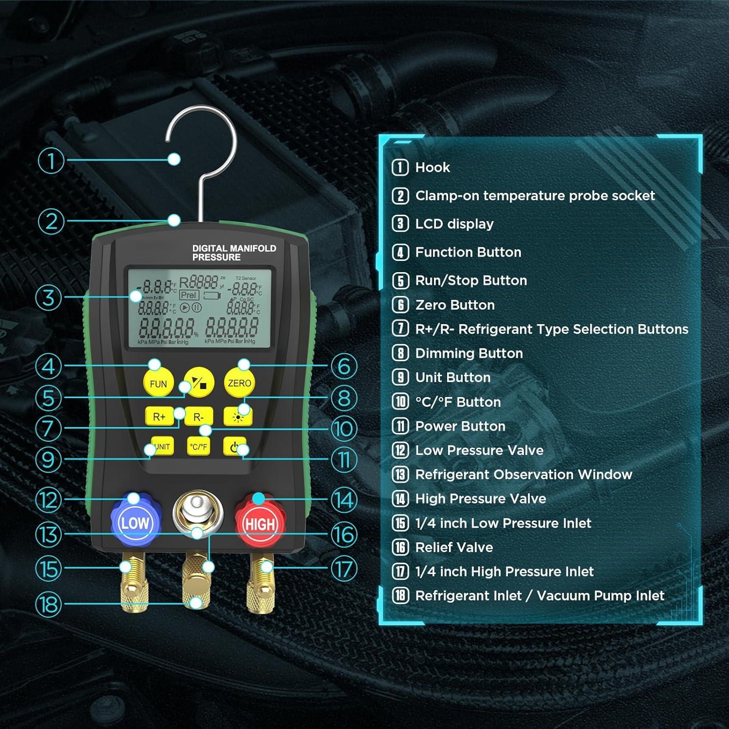 Manómetros Digitales HVAC MOTOCOCHE R410A R22 2 Vías