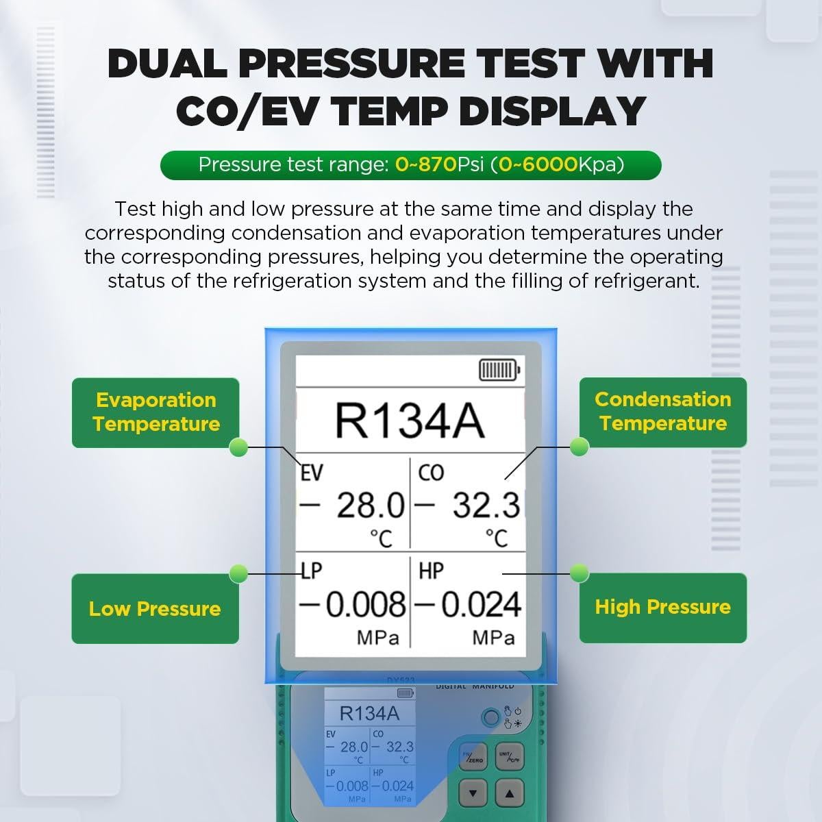 Juego de Manómetros Digitales HVAC KAISAL Pantalla TFT 92 Tipos